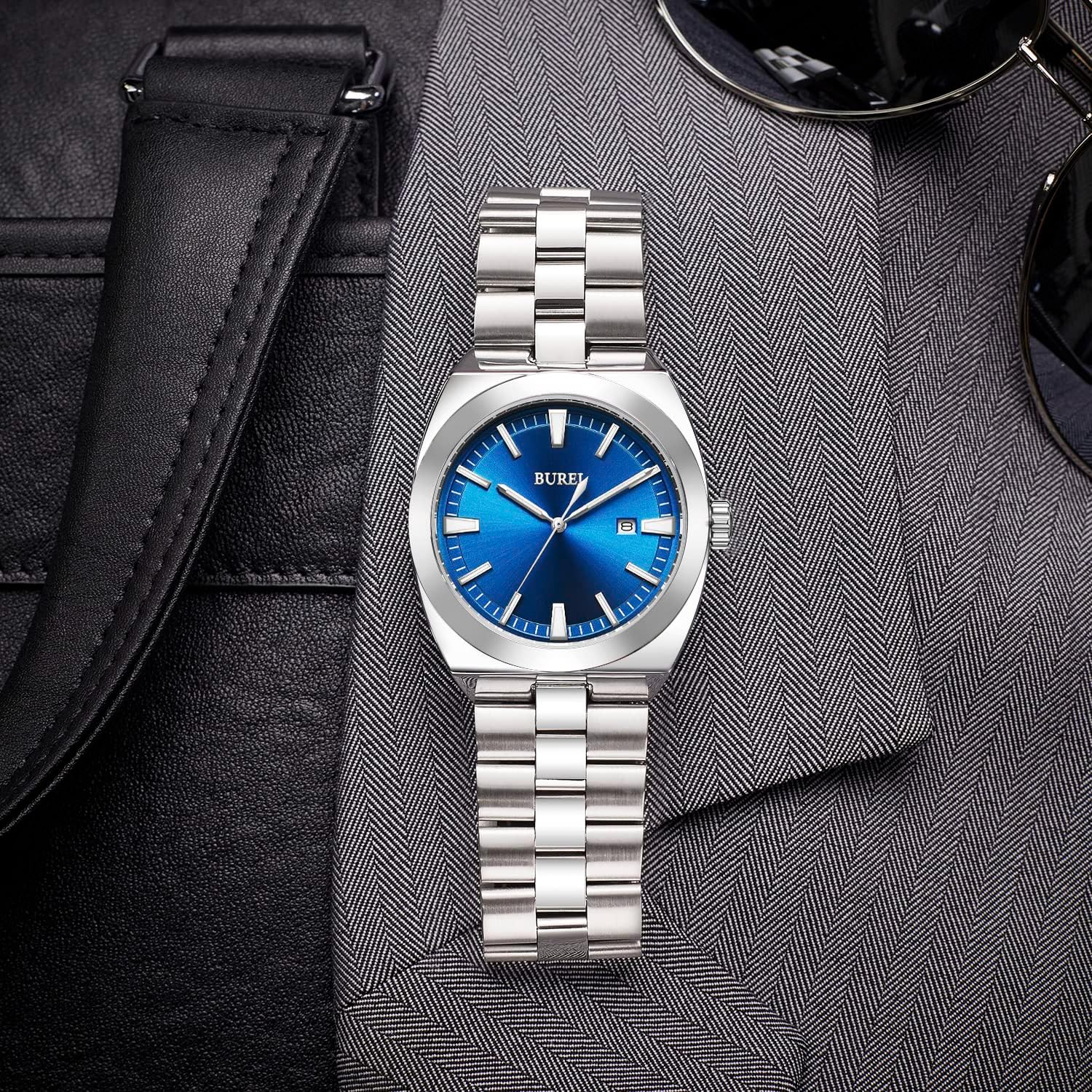 BUREI Orologi da uomo in acciaio inox, analogico, orologio da polso da uomo, impermeabile, data, orologi da uomo, classico, affari, al quarzo