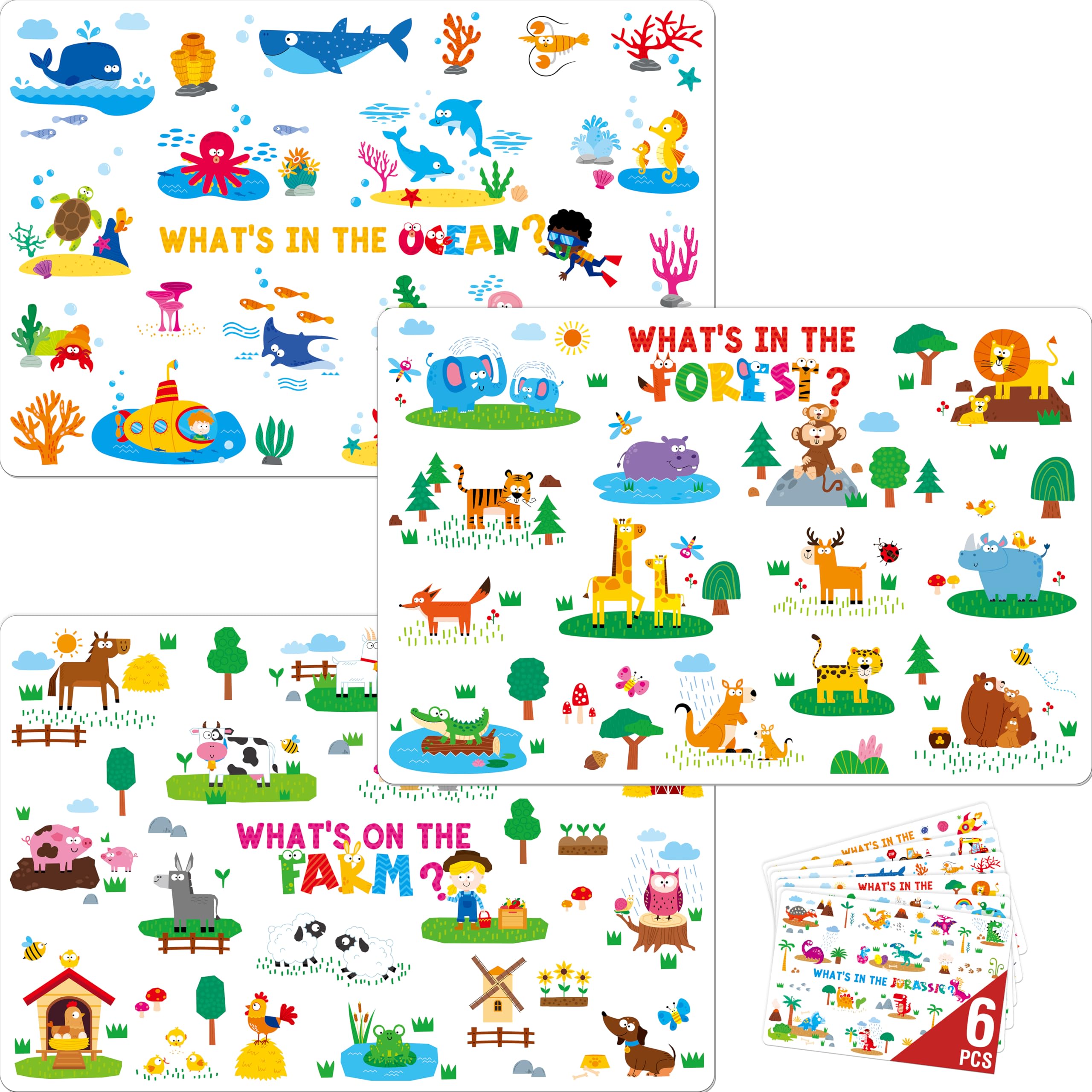 Pack de 6 Sets de Table pour Enfants, Antidérapants, Lavables, Réutilisables, Sets de Table Éducatifs - Dinosaures, Animaux de Ferme/Sauvages/Marins, Chantier de Construction, Univers