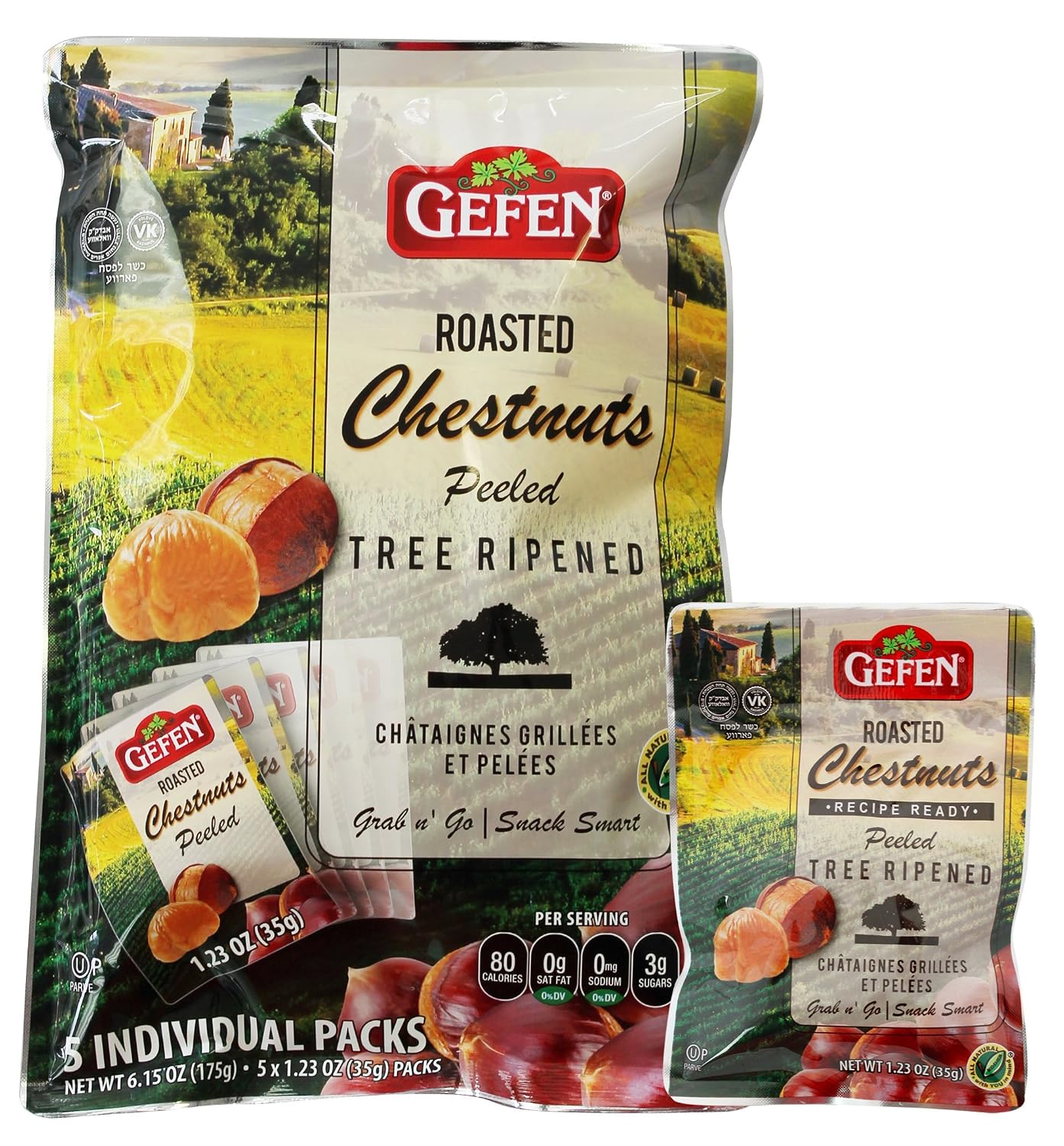 Gefen Organic Whole Roasted & Peeled Chestnuts, 1.23oz (15 Pack) Perfect Grab n' Go Snack | Keto Freindly | Certified Kosher (Including Passover)