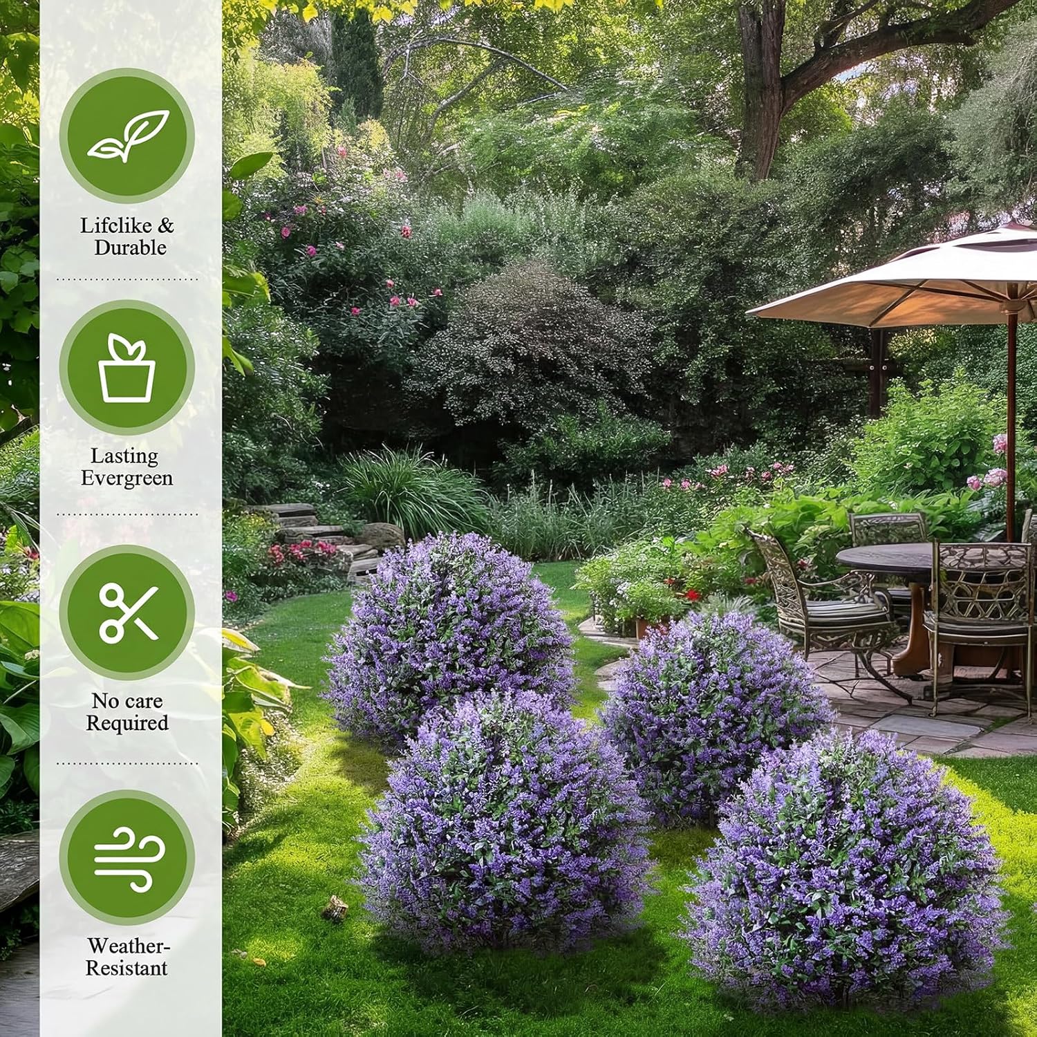 Artificial Topiary Ball Trees Outdoor Set of 4, 24 Inch Faux Flower Topiary Bushes Plants with Ground Spikes, UV Resistant Artificial Shrubs for Porch Patio Garden Decor (Lavender,Purple)