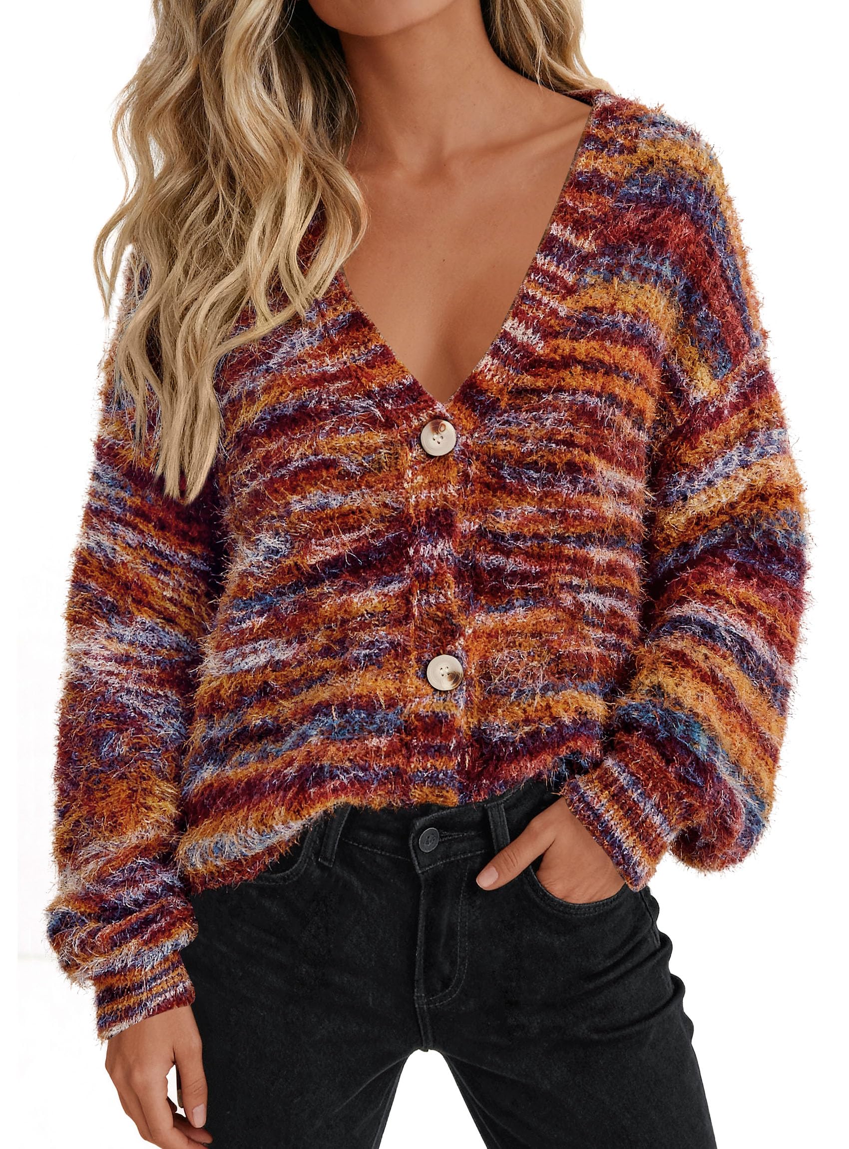 PRETTYGARDEN Womens Cardigan Sweaters Fall Fashion 2026 Striped Long Sleeve Button V Neck Knit Fuzzy Outerwear Winter Clothes