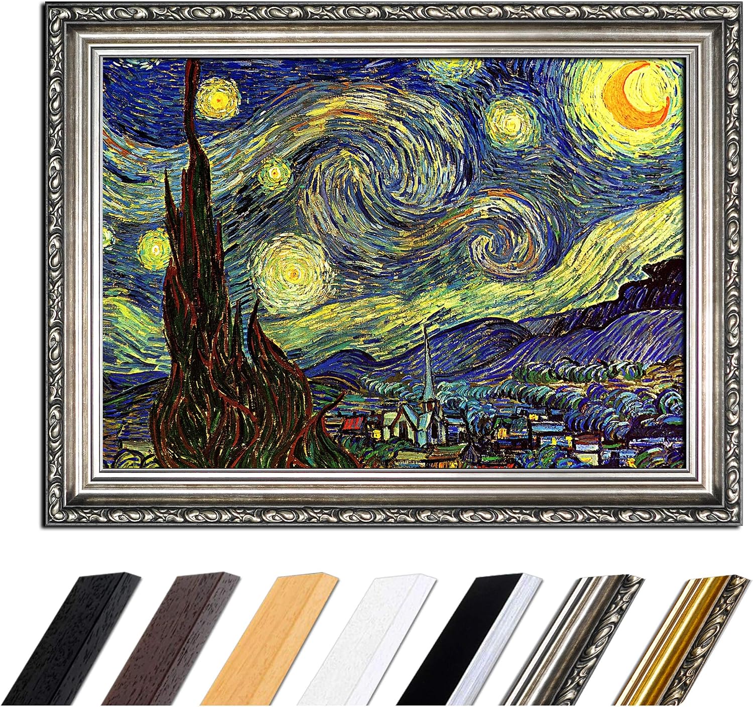 Bilderdepot24 Picture with Frame - Vincent van Gogh Starry Night 50 x 40 cm - Framed Canvas Picture Old Masters - Antique Frame Silver Baroque Classic