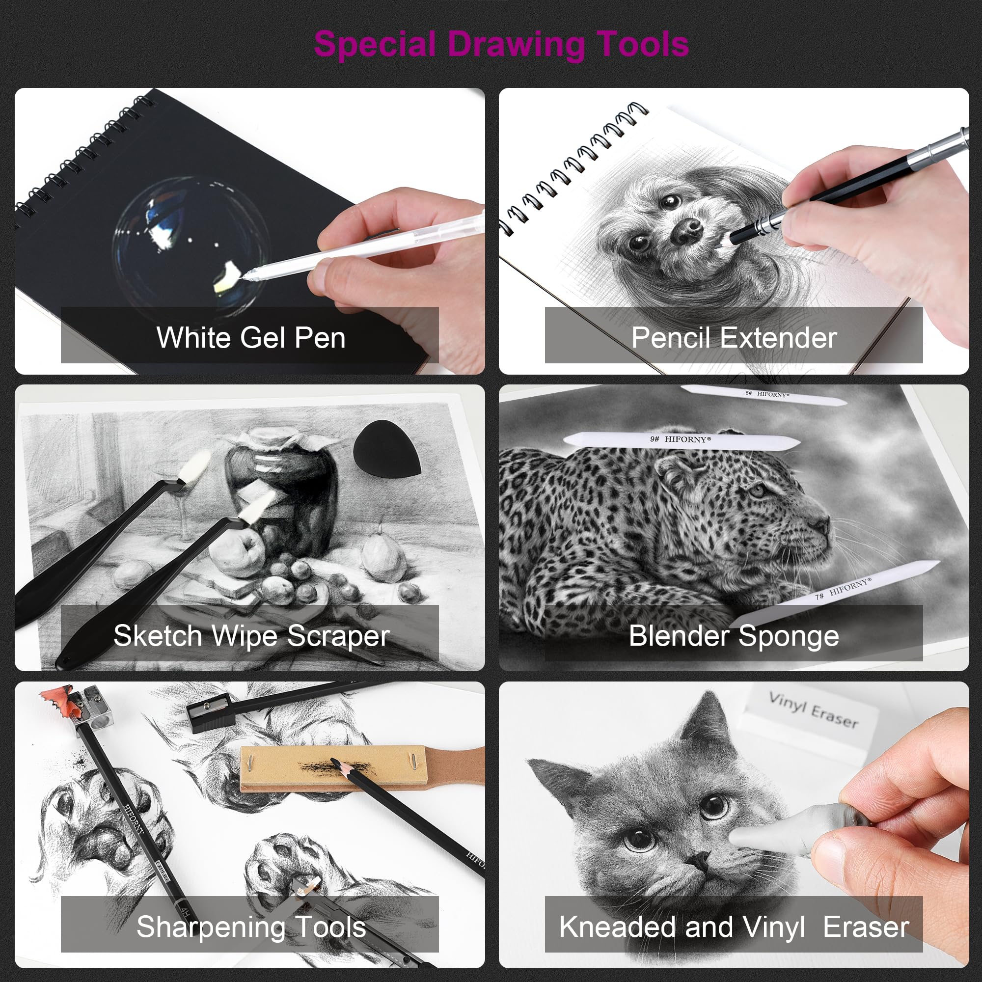 HIFORNY Lot de 76 kits de croquis de dessin - Crayons à croquis Fournitures d'art avec graphite, charbon de bois, outils de mélange et accessoires, sac de voyage portable à fermeture éclair pour
