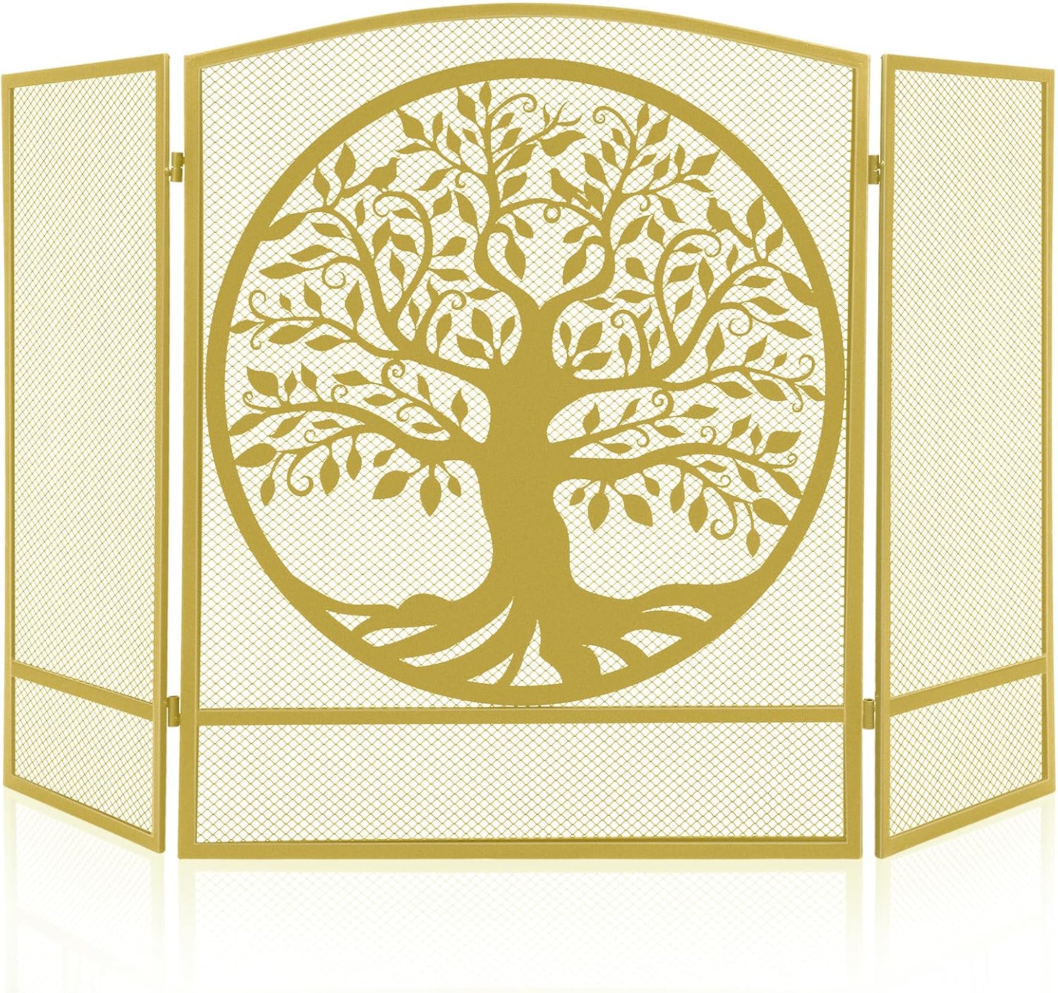 Geetery Fireplace Screen Tree of Life Steel Mesh Spark Guard Cover Rustic 3 Panel Fireplace Gate Folding Furnace Fireguards Safe Proof Fence for Home Room Decoration(Gold)