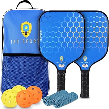 TKG Sports Pickleball Set with Bag - 2 14mm Honeycomb Core Paddles | 2 USAPA Approved Pickleball Paddles, 2 Indoor and 2 Outdoor Pickleball Balls, 2 Cooling Towels - Rackets for Adults and Teens