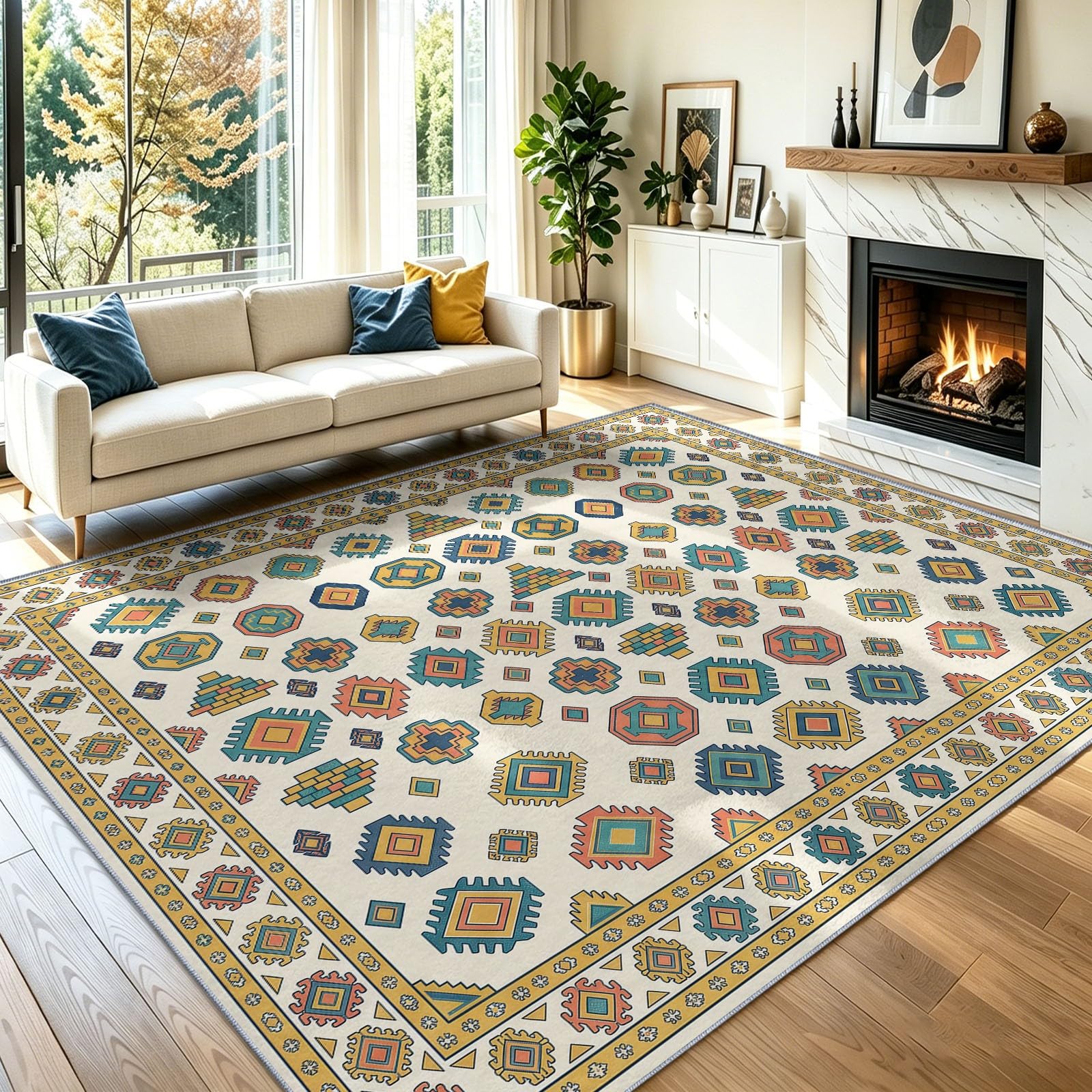 Tappeto bohémien per soggiorno beige, a pelo basso, vintage, tradizionale, etnico, geometrico, esagonale, lavabile, antiscivolo, 60 x 90 cm, grande, per camera da letto, sala da pranzo, ufficio