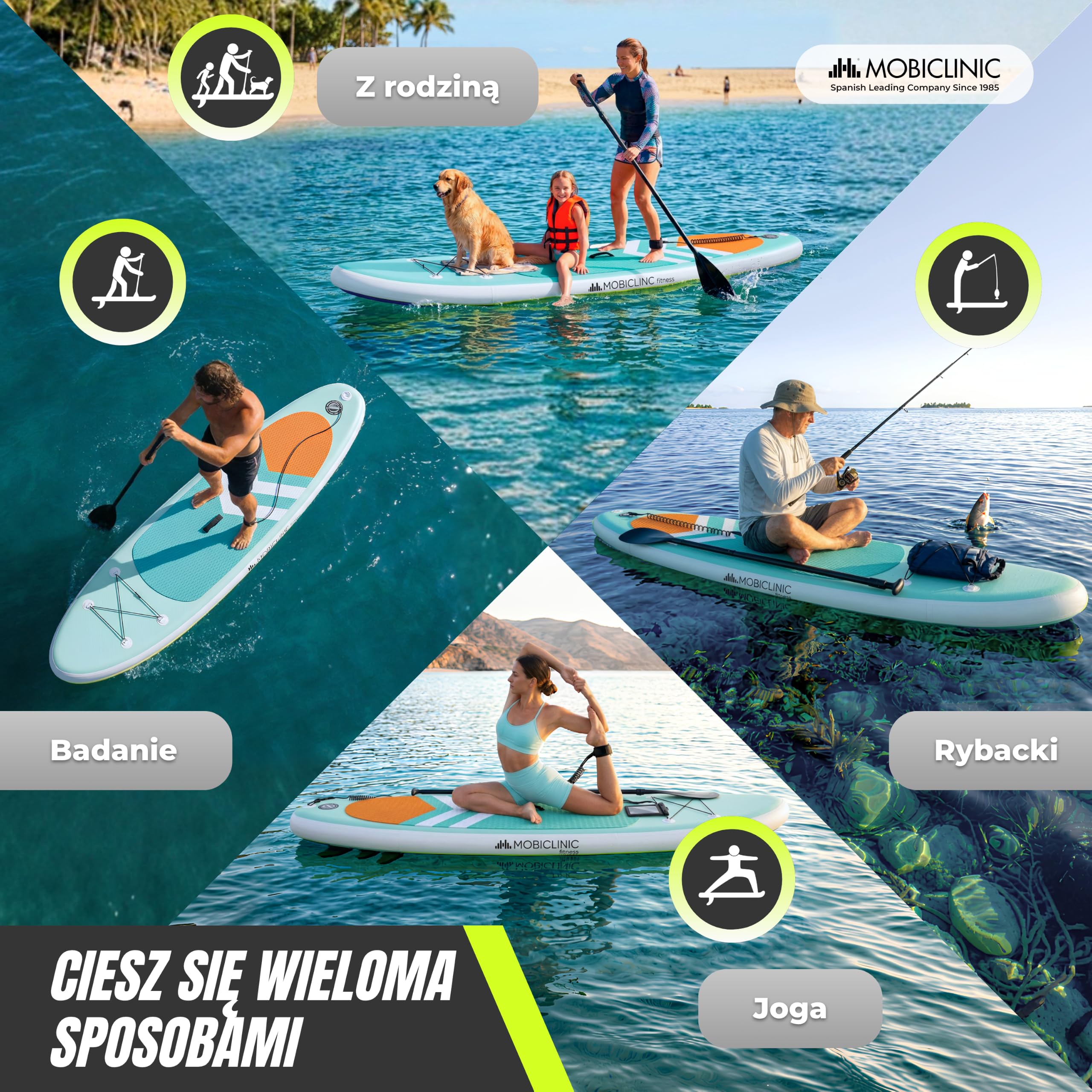 Mobiclinic®, Nadmuchiwana deska do paddlesurfingu, Lilo, Zestaw z pompą, Plecak, Regulowane wiosł, Etui na telefon, Naprawczy, 320x83x15 cm, Dla dzieci, Dorosłych i zwierząt, 150 kg