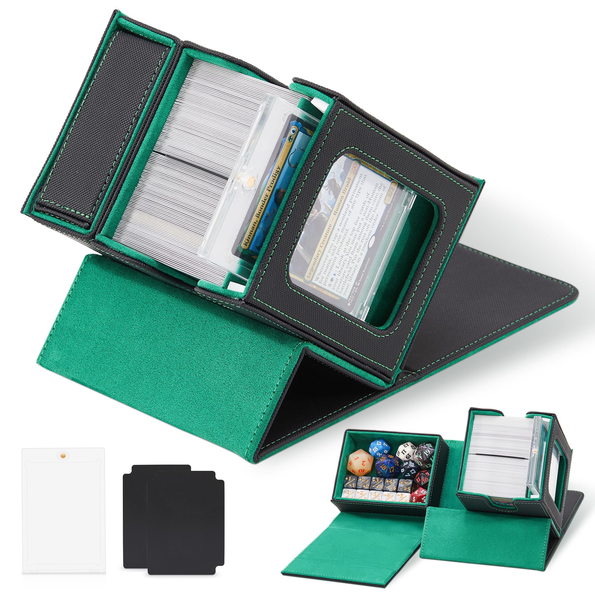 Zettokete MTG Commander Deck Box with Dice Tray - Fits 100+ Double-sleeved Cards - Commander Display - Card Deck Box for Magic, TCG - Black/Green