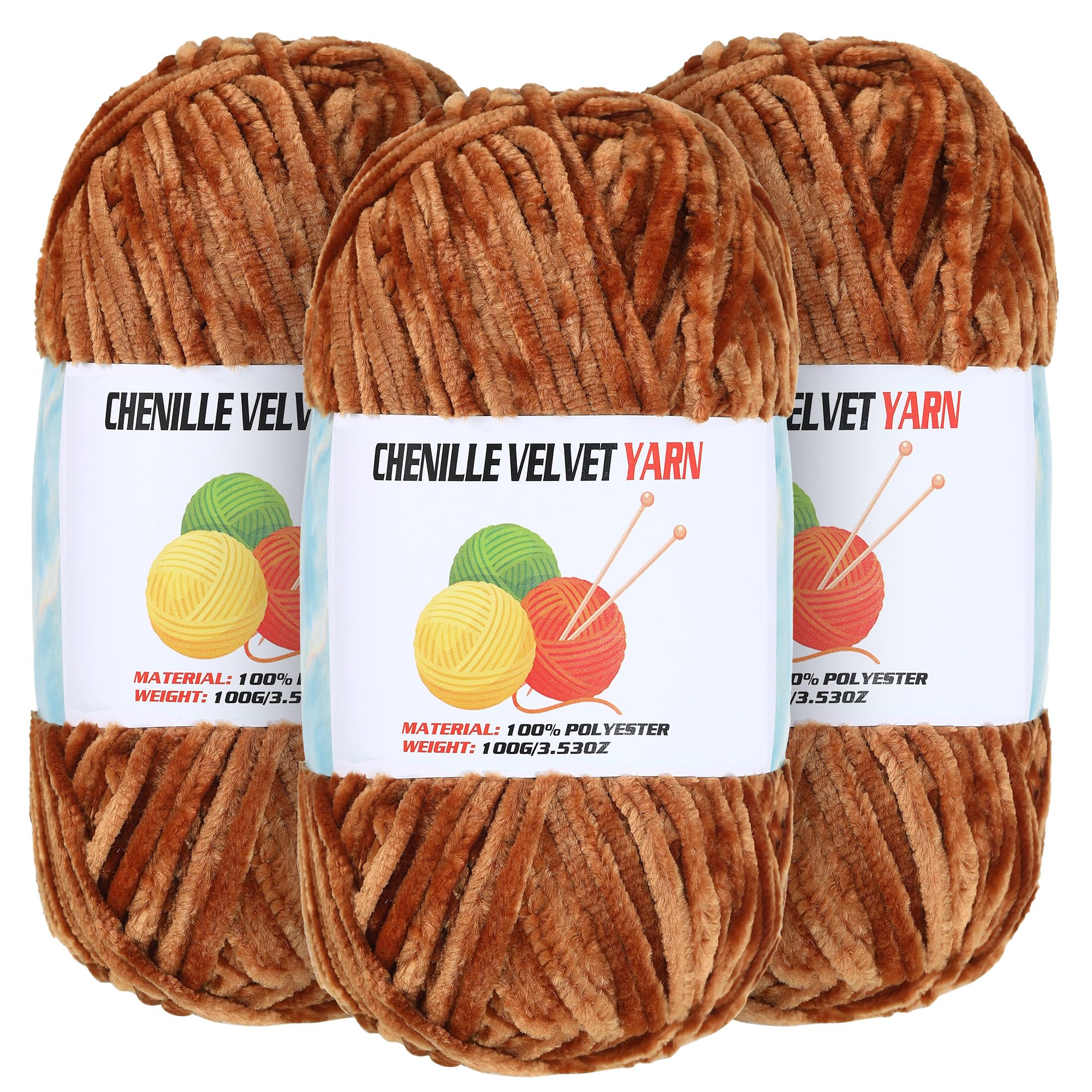 3 * 100g Velvet Chenille Chunky Yarn for Crocheting, Handcrafts Weaving Soft Chenille Yarn for Crocheting Clearance, Used for Making Baby Yarns Blanket, Clothes, Knitting Creations (Coffee)
