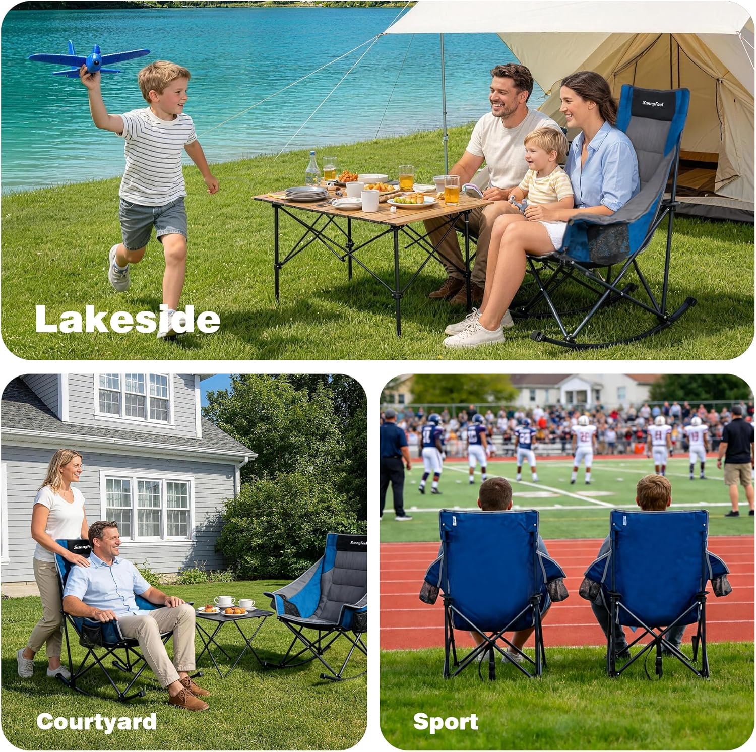 SUNNYFEEL Rocking Camping Chair Fully Padded Patio Folding Chair Portable Oversized Outdoor Rocker High Back Lawn Recliner with Side Pocket Camp Rocker Chairs for Adults Heavy Duty 500 LBS Blue