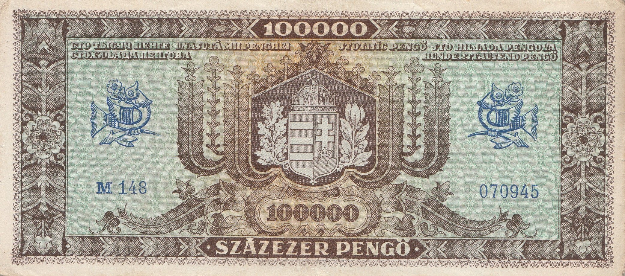 Sammler-Banknote Ungarn 10.000 Pengö 1945 – Pick-Nr: 119b, Gebraucht (III), Kein Zahlungsmittel
