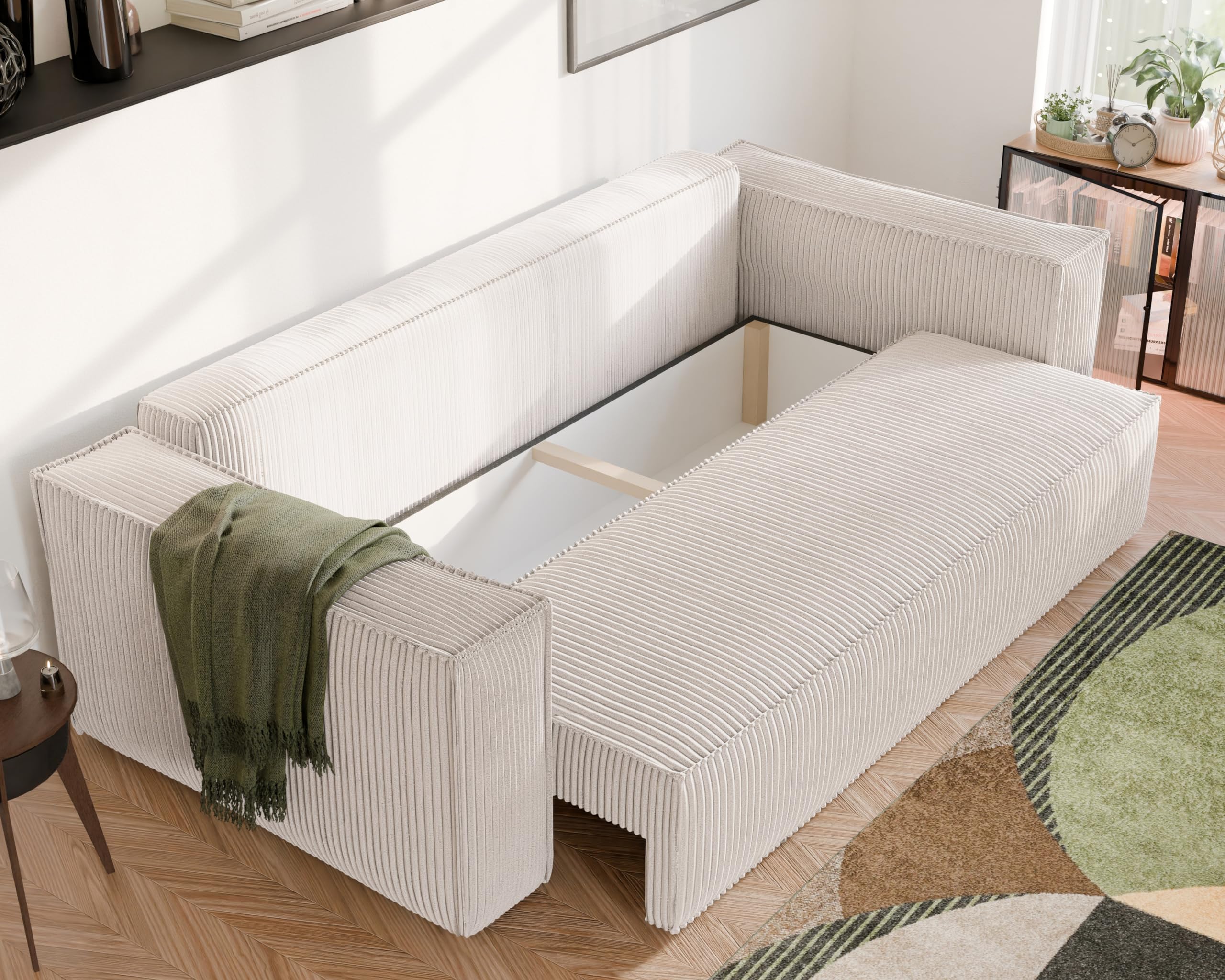 GREKPOL Schlafsofa mit Bettkasten 240x105 - Cord Beige Sofa mit schlaffunktion - Couch mit Schlaffunktion- 3 Sitzer - Wohnzimmer Couch - Schlafcouch