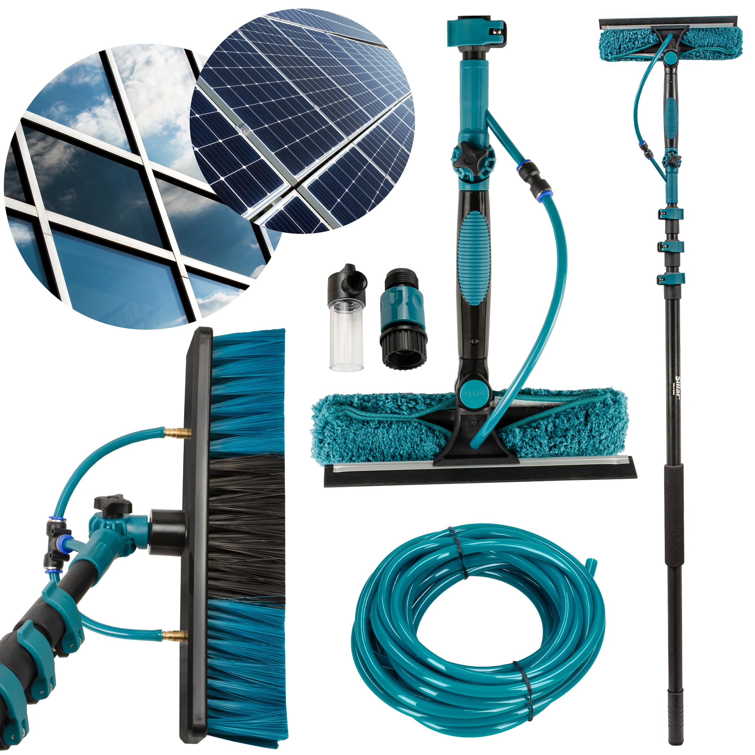 Sillar Perche Télescopique Nettoyage Panneaux solaires, Extensible à 3,95 metres, Brosse telescopique toiture avec Tuyau Intérieur Balai telescopique pour Toit