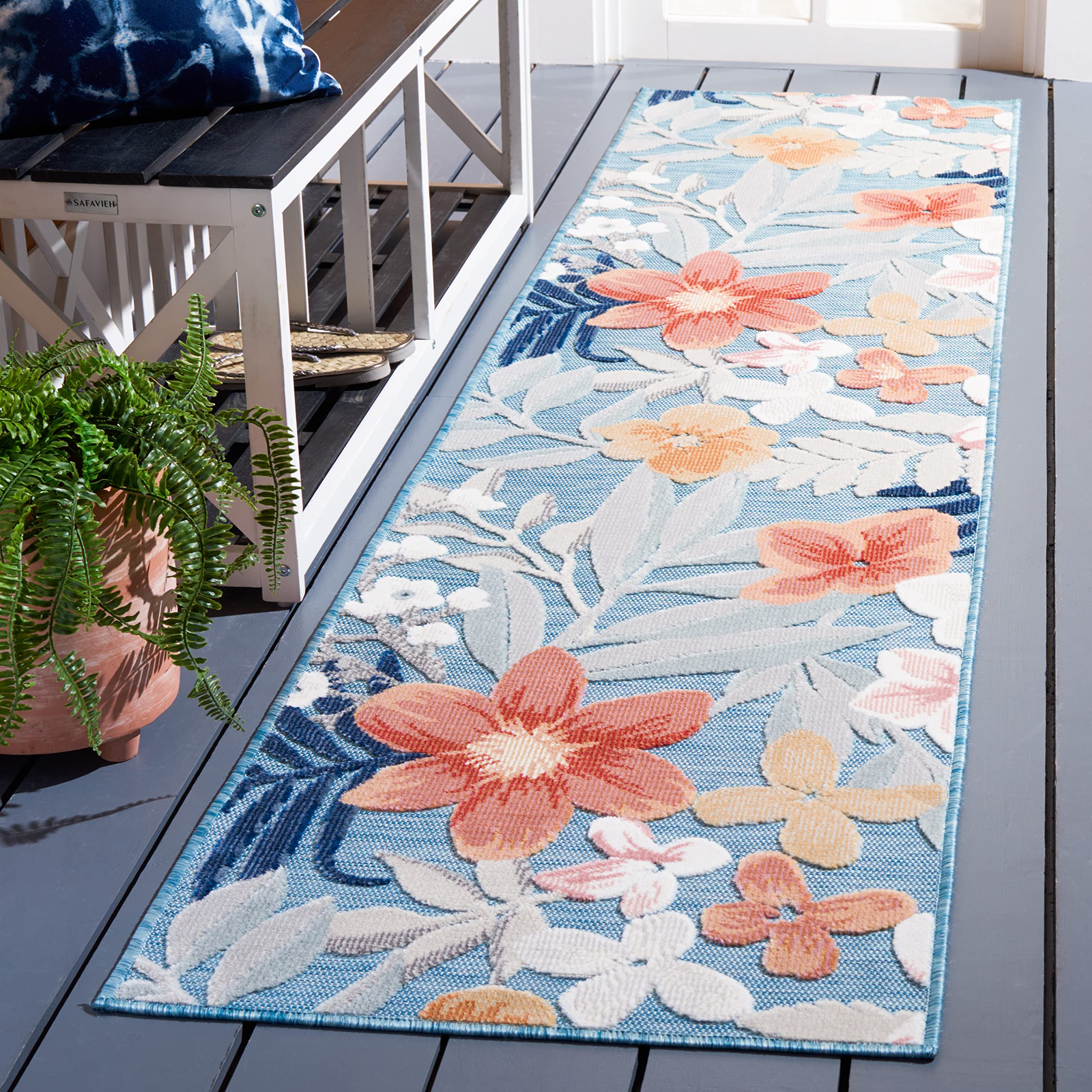 SAFAVIEH Washable Rug Outdoor Cabana Collection - 2' x 9' Runner, Aqua & Rust, Non-Shedding & Easy to Clean, Ideal for Patio, Backyard, Mudroom (