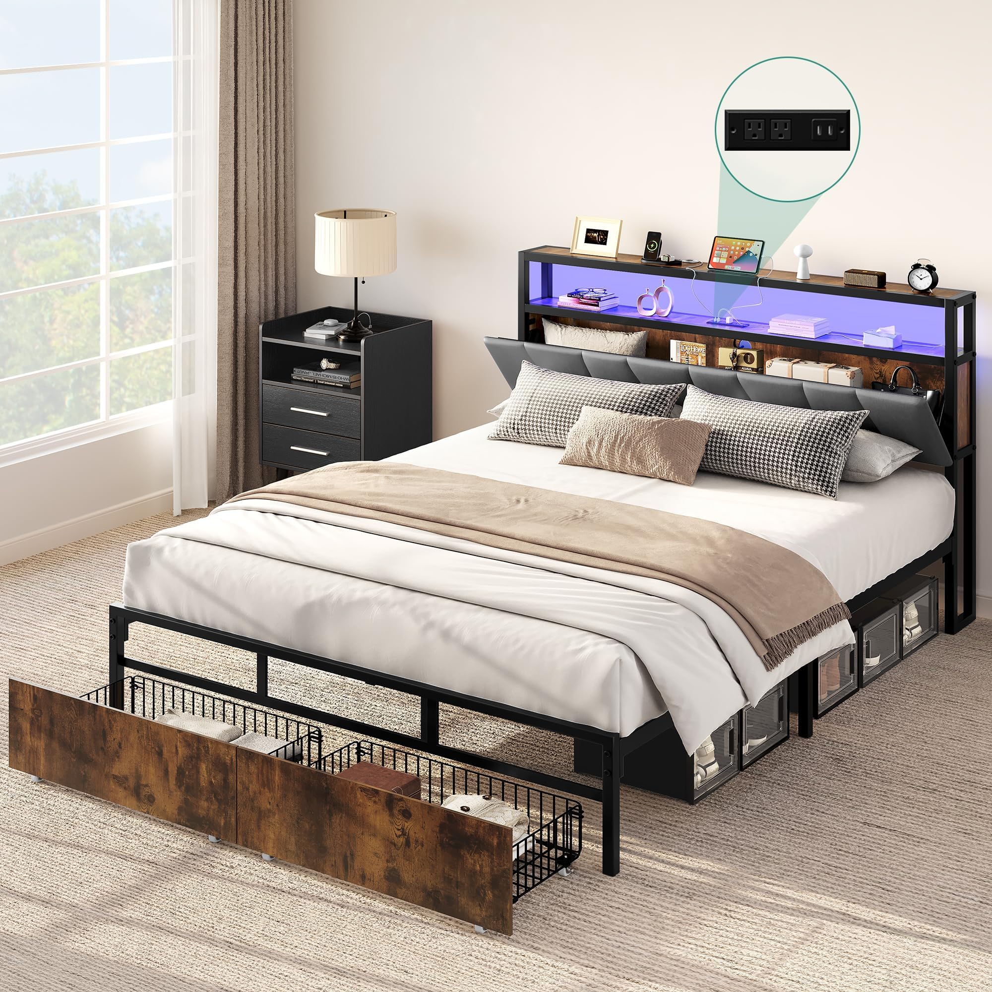 DWVOStorage Bed Frame Queen Size, LED Bed Frame with Storage Headboard & Charging Station, Upholstered Platform Bed with 2 Drawers, No Box Spring Needed, Easy Assembly, Vintage Brown and Grey