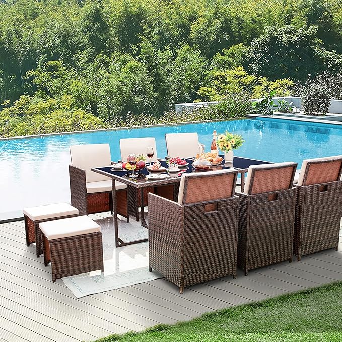 Devoko 9 Pieces Patio Dining Sets Outdoor Space Saving Rattan Chairs with Glass Table Patio Furniture Sets Cushioned Seating and Back Sectional Conversation Set (Beige)