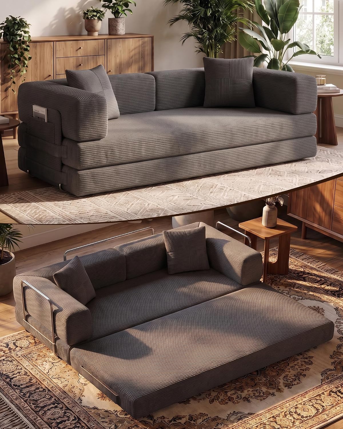 79.5" Convertible Floor Sofa Bed, 5-In-1 Corduroy Futon Couch, No Assembly