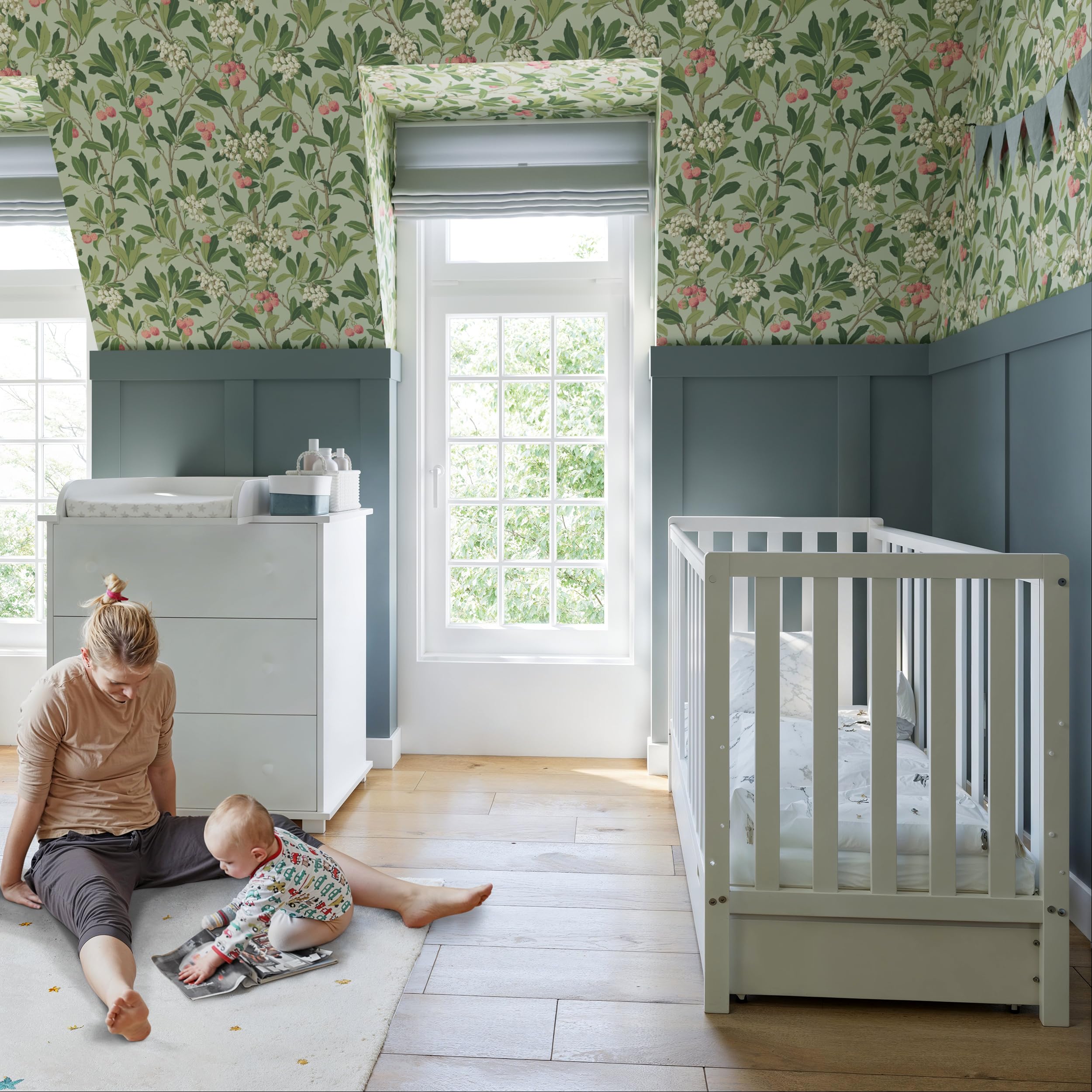 zee Bambi Cuna Bebé 120x60 cm Blanco Set con Cajón Y Barrera + Cómoda Cambiador Mueble Habitación Bebé Convertible En Cama Junior Cuna De Madera Resistente