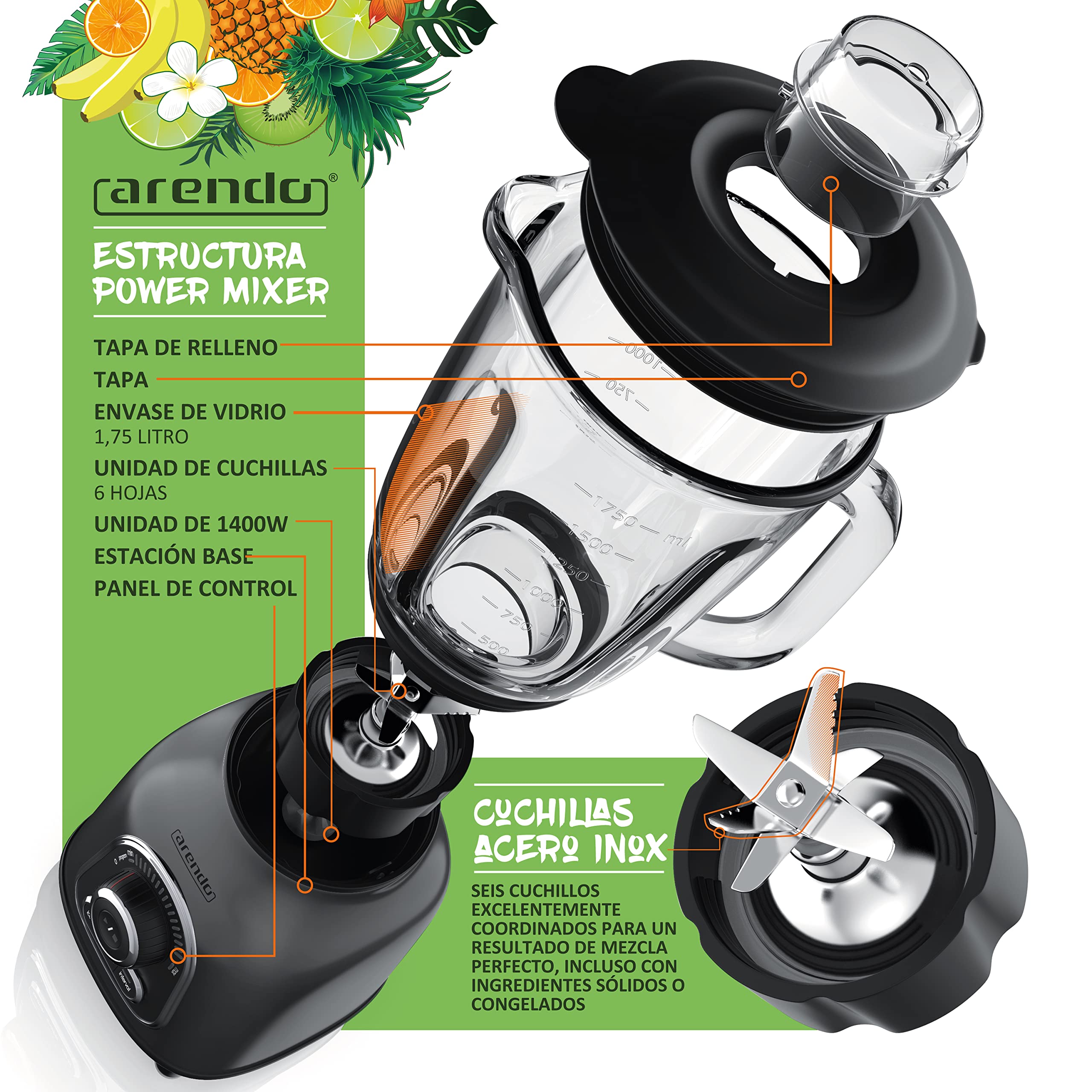 Arendo - Batidora de vaso eléctrica - Recipiente 1,75 L - Potente picadora 1400W - Batidor con 6 cuchillas de acero inoxidable - Tapa de relleno - 30 velocidades - Para batidos salsas hielo picado