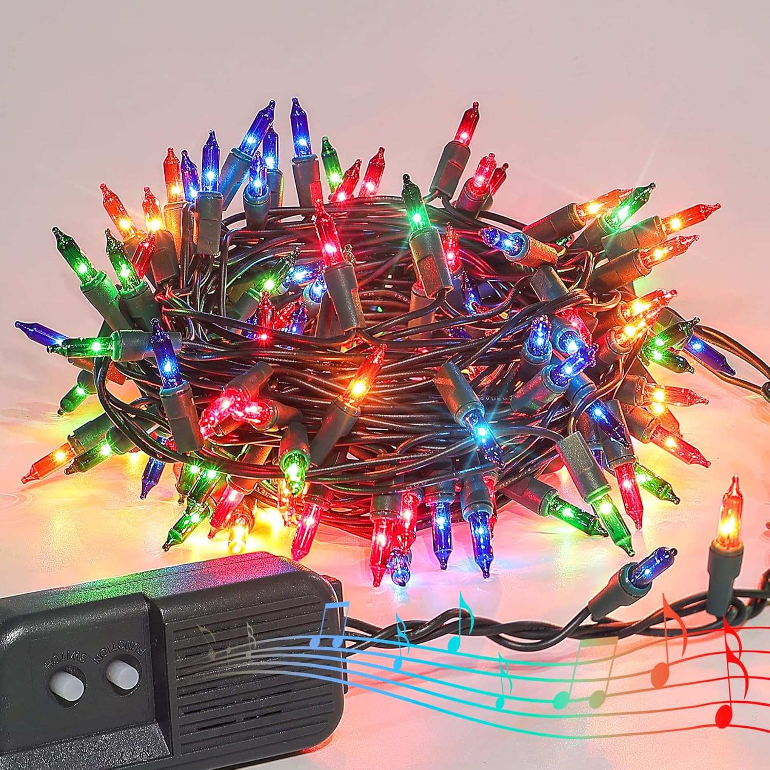 GILBIN 140 Waterproof Bulbs for Outdoor use Multi-Color Musical Christmas Lights - Plays 25 Classical Holiday Songs - 8 Function Chaser Green Wire 2" Space Between Bulbs, Switch Allows to Mute Music