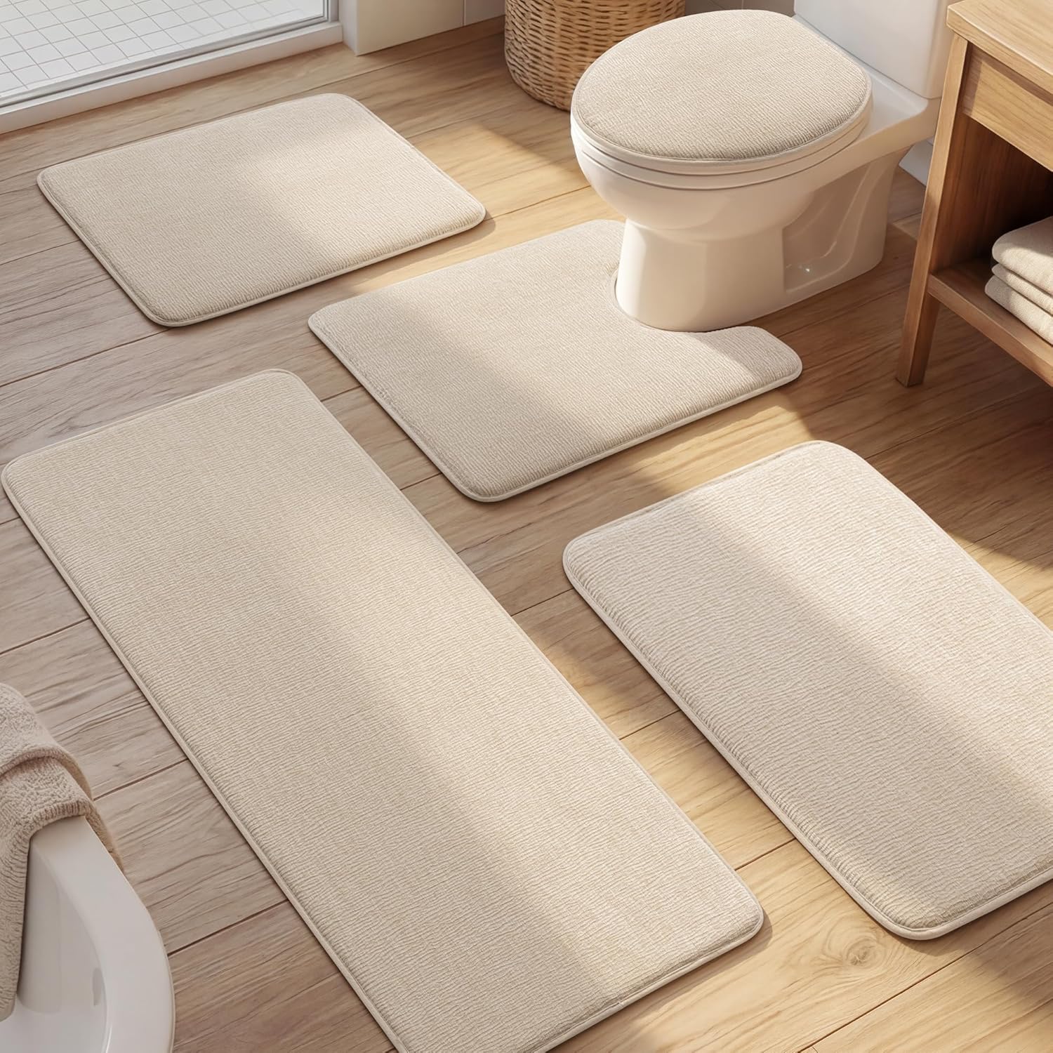 YIHOUSE Bathroom Rug Set 5 Piece, Memory Foam Beige Bath Mat Set Non-Slip Quick Dry Absorbent Bath Mats for Bathrooom