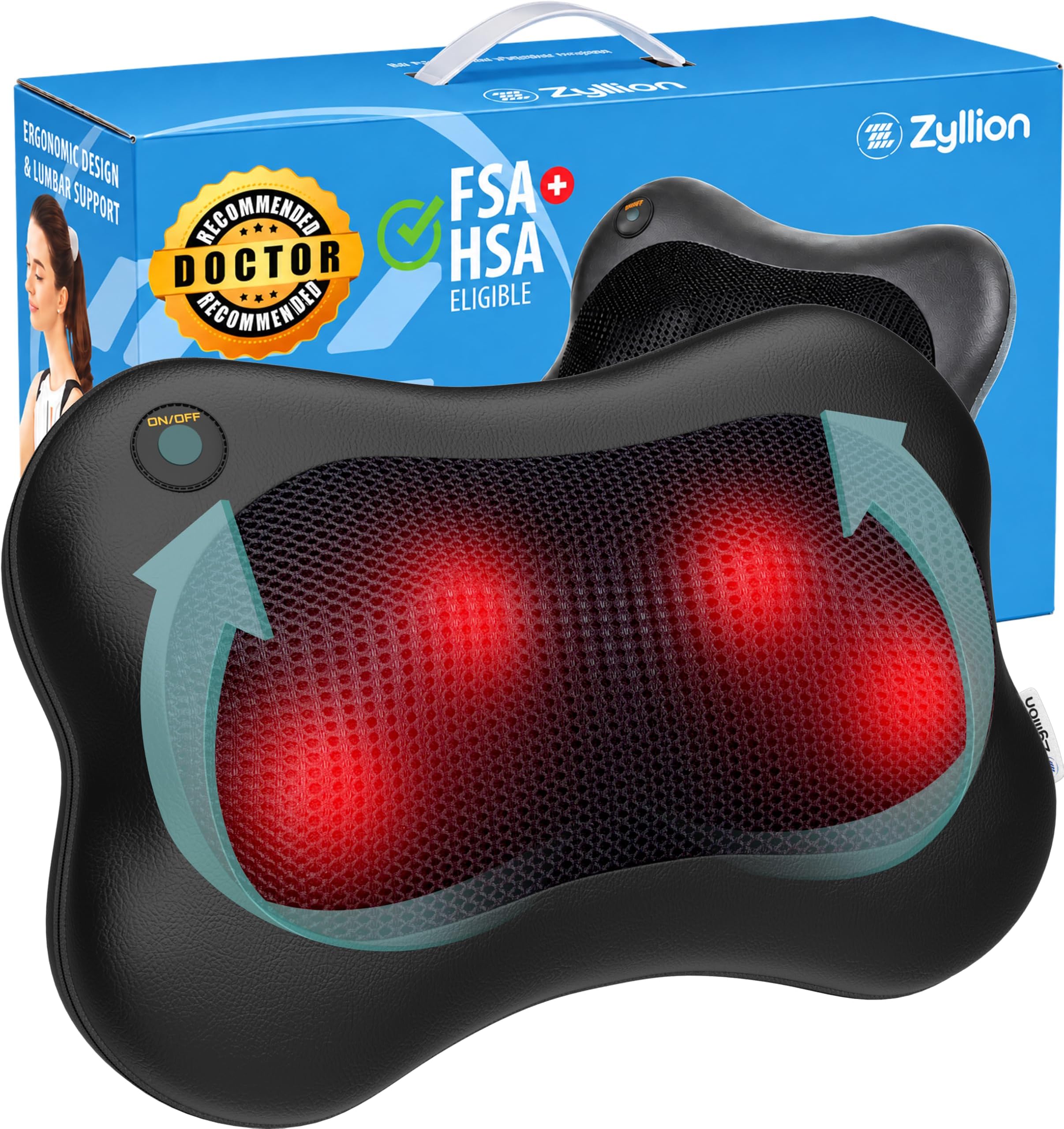 Zyllion Shiatsu Back and Neck Massager - 3D Kneading Deep Tissue Massage Pillow with Heat for Muscle Pain Relief, Chairs and Cars - Black (ZMA-13-BK)