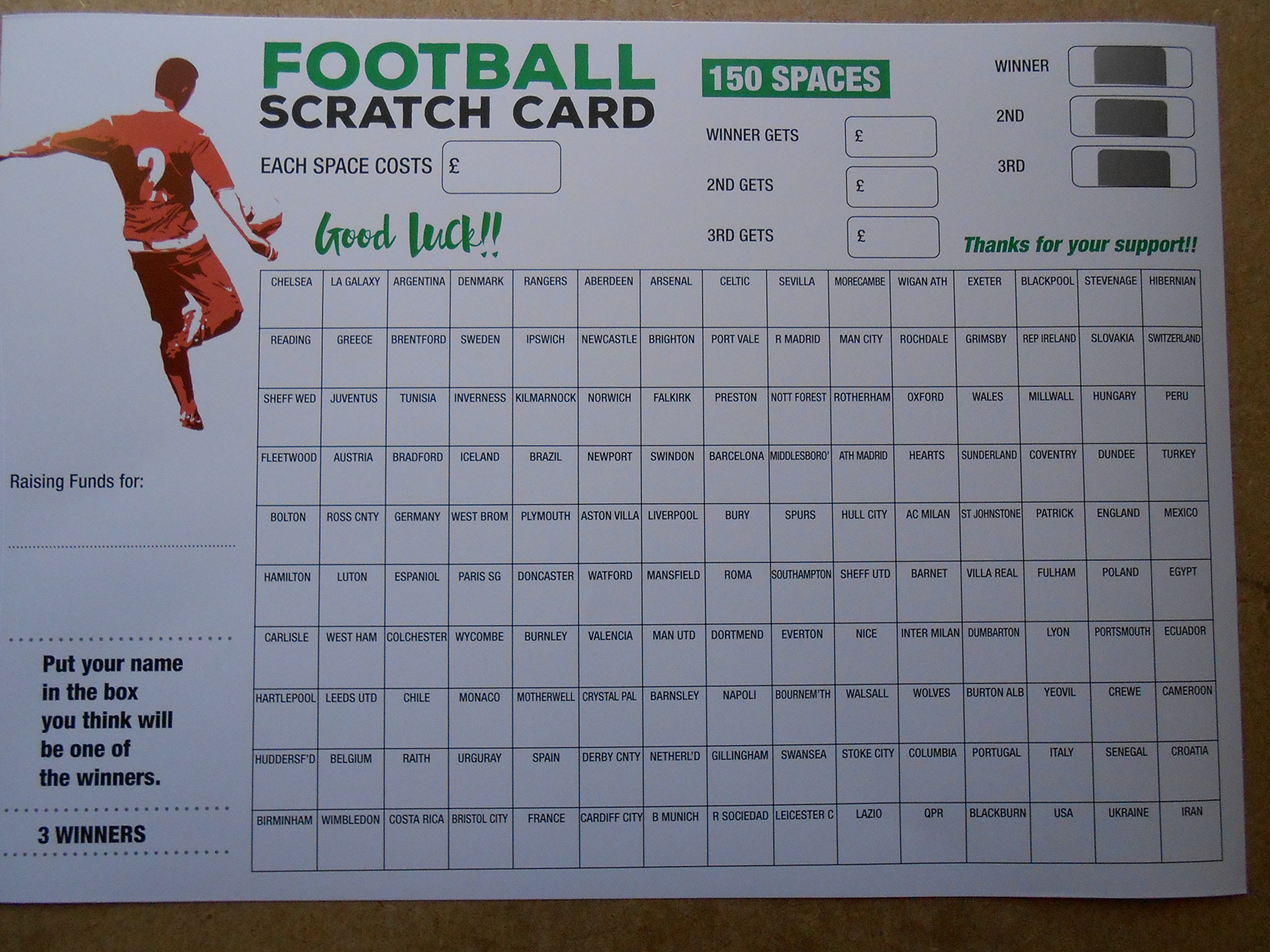 DWL football scratch cards = 10 cards- A3 sized - 150 spaces (COLOURED) and 3 different winners raise £750
