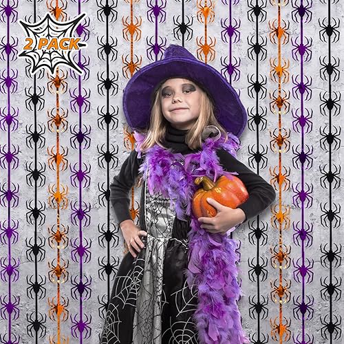 Miniatura 2 de Decoraciones de fiesta de Halloween, paquete de 2 cortinas de flecos de papel de aluminio de oropel de araña naranja, morado y negro, para cabina de