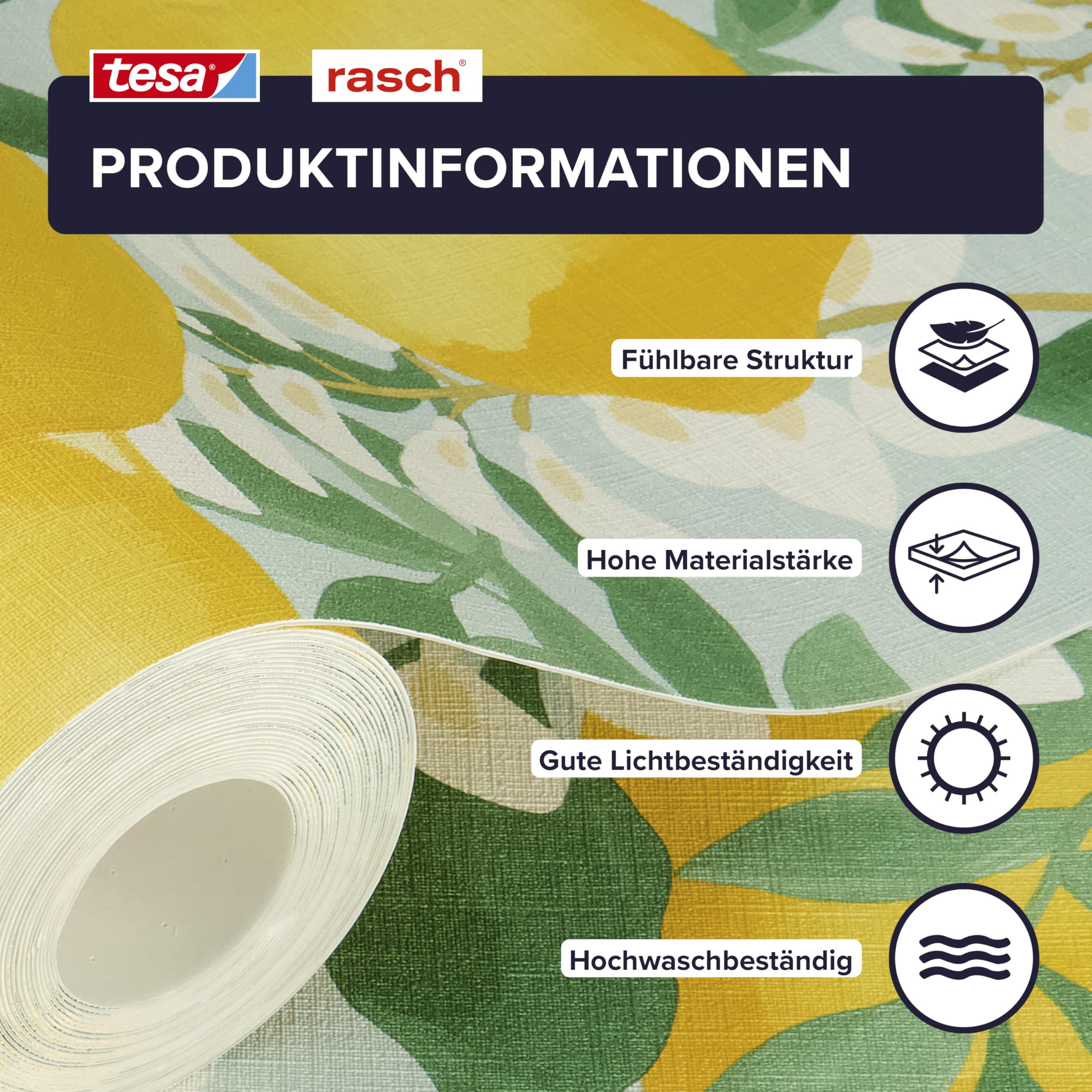 Rasch Papel pintado autoadhesivo de limón Portofino, papel pintado texturizado mediterráneo en amarillo, verde y blanco, fácil de colocar sin pegamento con tecnología adhesiva Tesa, 6,00 m x 0,53 m