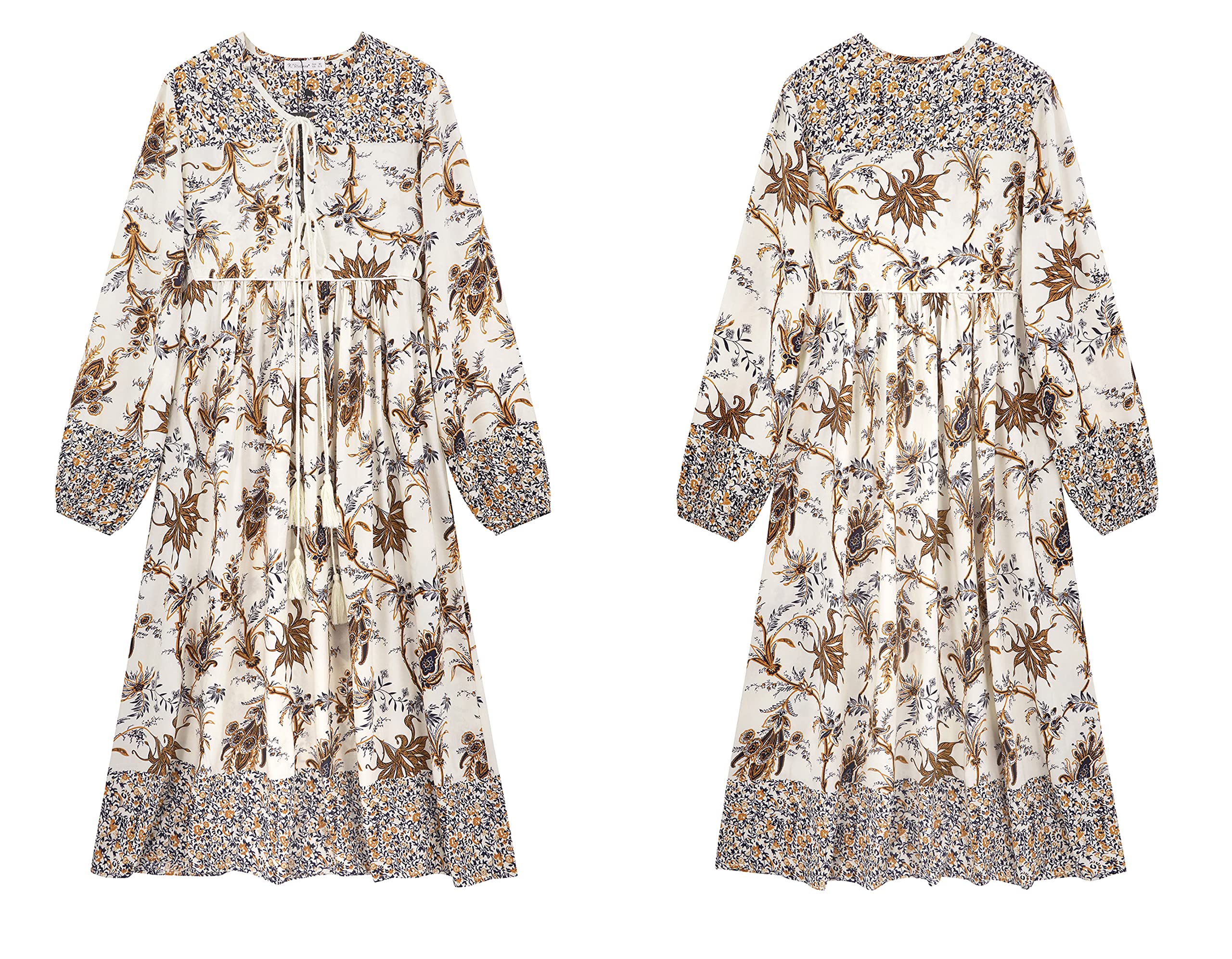 R.Vivimos Femmes Robe de Plage à Manches Longues à imprimé bohème Chic décontracté Robe élégante Midi