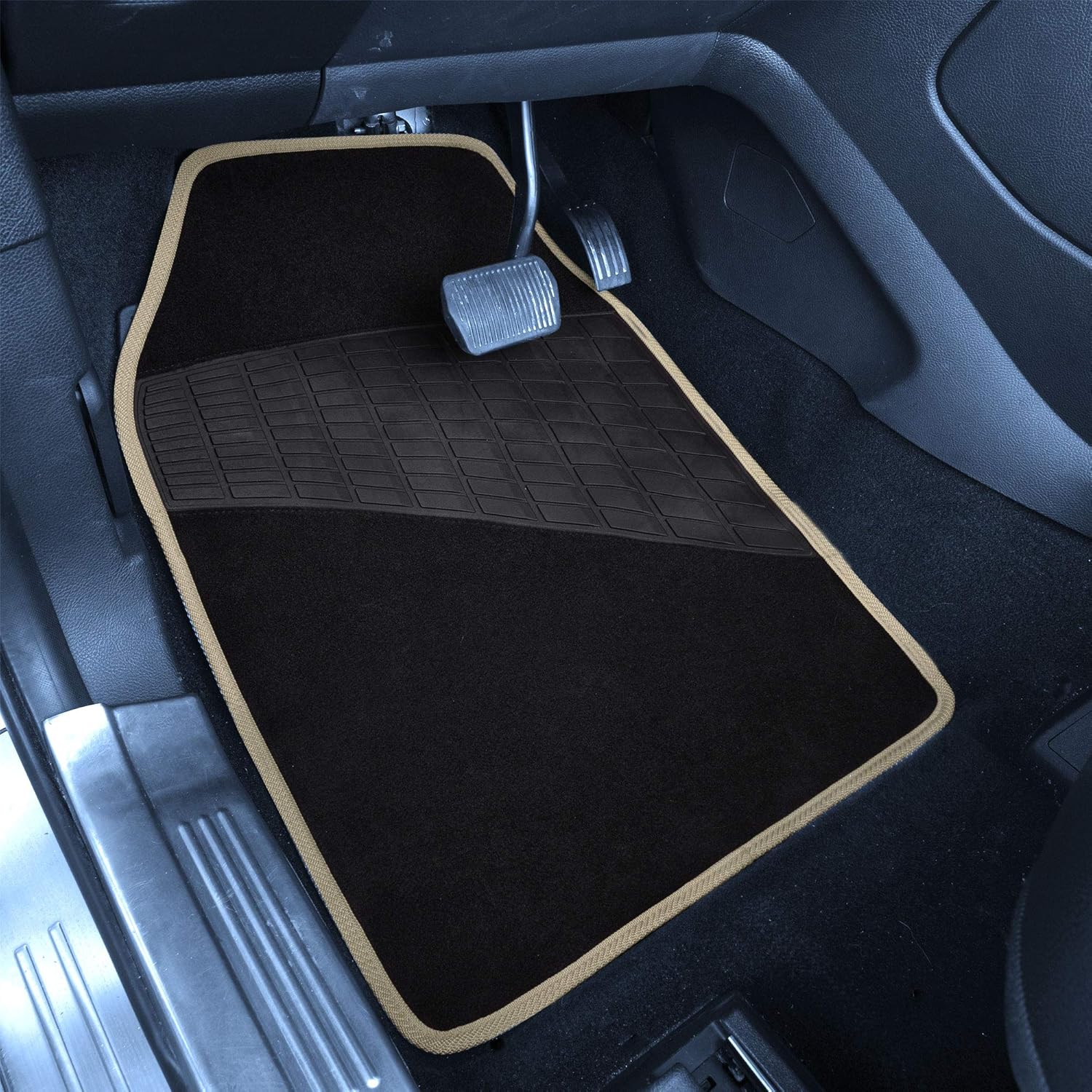 FH Group Color-Trimmed Non-Slip Carpet Car Floor Mats with Rubber Heel Pad – Universal Fit for Sedan, SUV & Truck – Full Set Beige/Black
