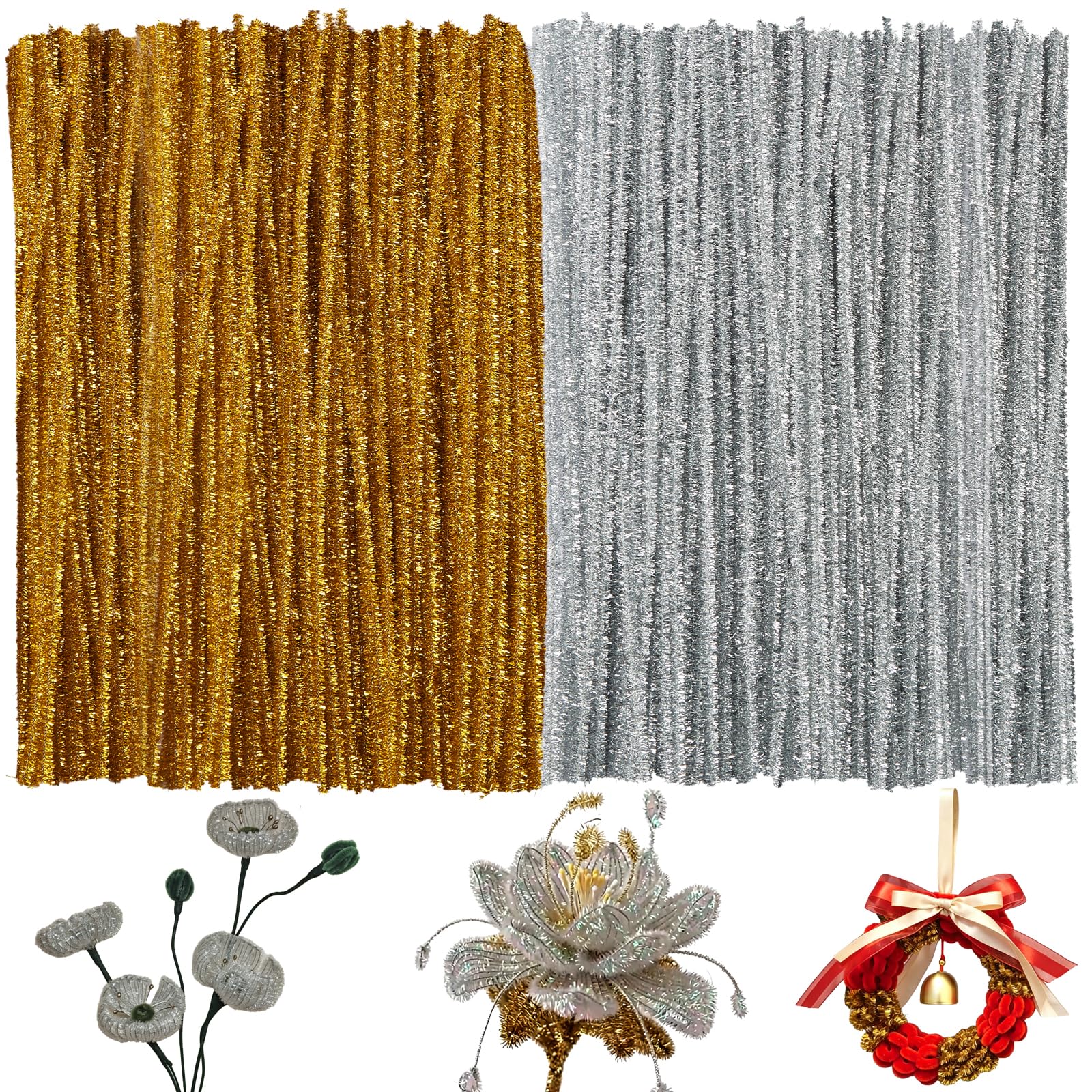 200Pcs Pipe Cleaners Glitter Golden+Silver Pipe Cleaners Craft,Pipe Cleaner