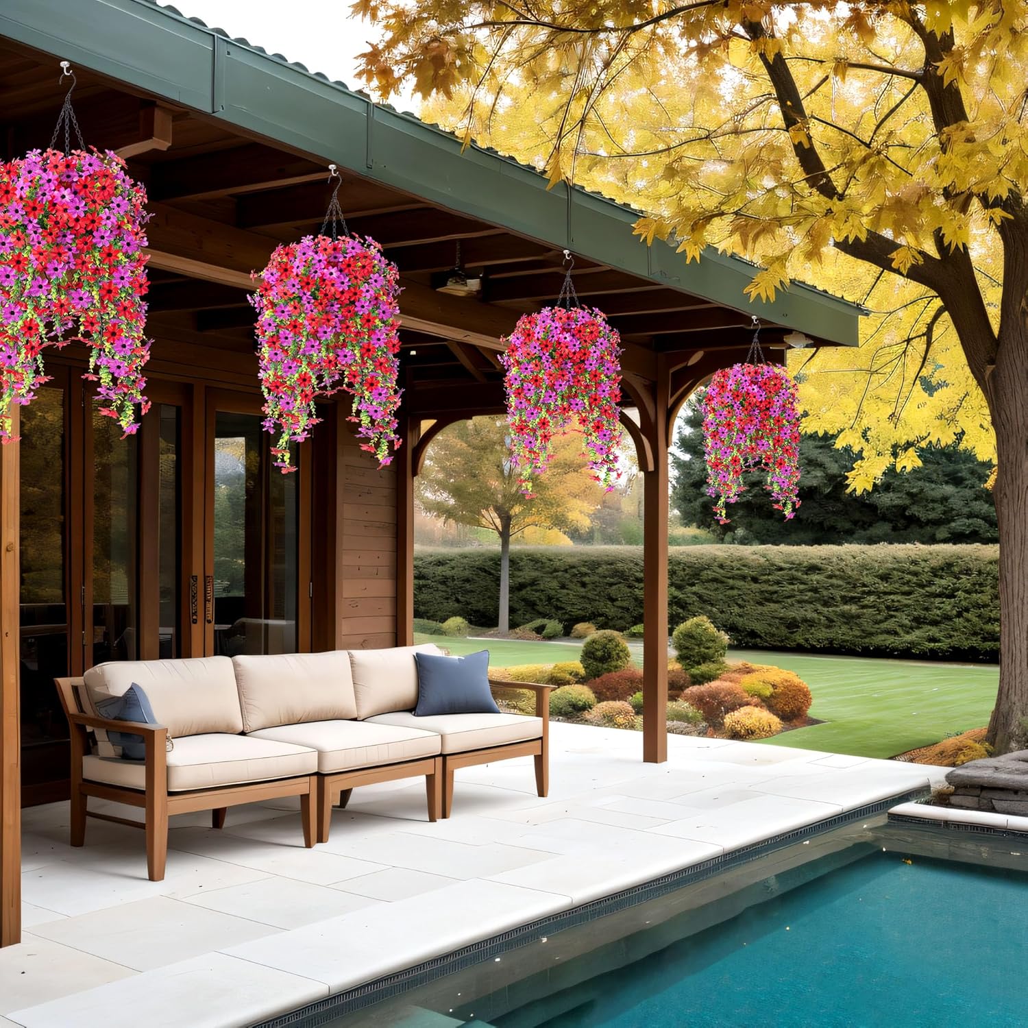 Fake Artificial Hanging Flowers for Outdoors Fake Plants Decoration, 2 Bundles Faux Silk Colorful Daisy Eucalyptus Realistic UV Resistant for Outside Home Planter Porch Patio Yard Decor(Purple Red) - Image 2