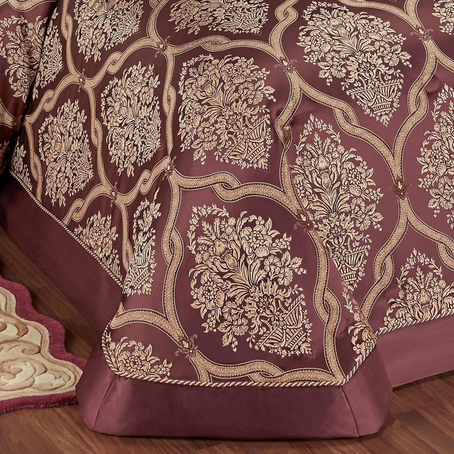 Laurelton Damask Medallion Scroll Oversized Luxury Bedding | Rich Wine Gold Chocolate | 6 Piece Grande Bedspread Set: Queen Bedspread, 2 Standard Shams, Square, Rectangle, and Round Pillows | Royal