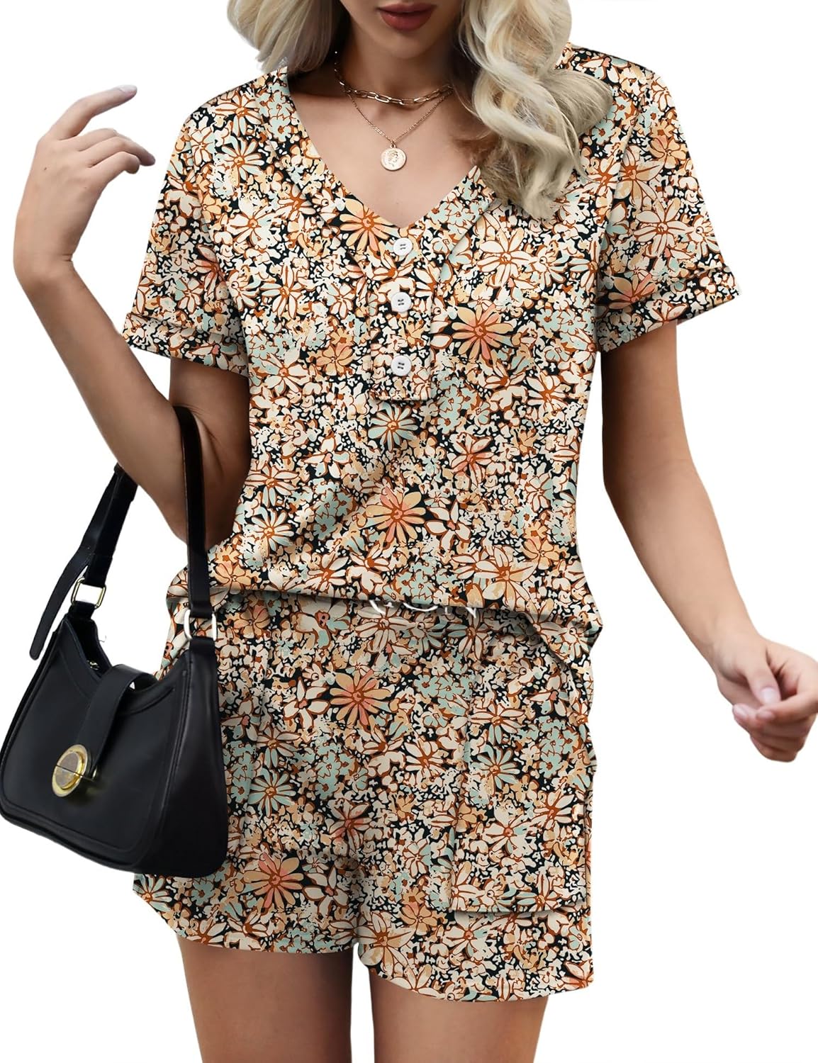 LOMON Womens Fashion 2 Piece Outfits Short Sleeve Tops Set Matching Shorts Loungewear Tracksuit Lounge Sets