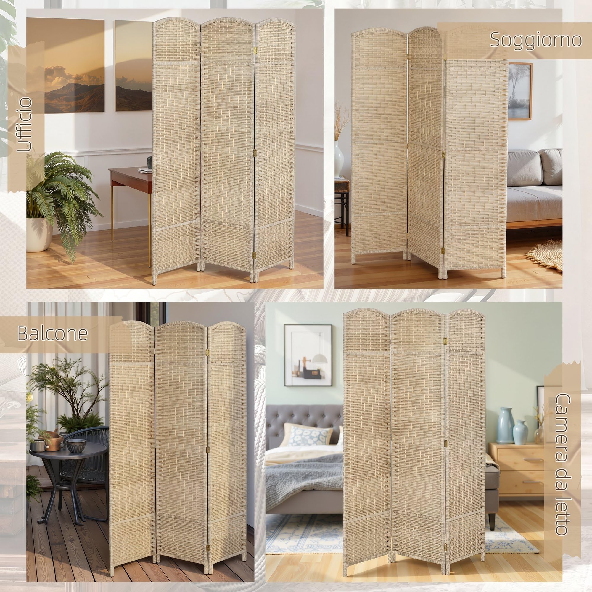 HOMCOM Paravento da Interno a 3 Pannelli 135x180 cm Rovere | Pieghevole, Separé Divisorio per Ambienti Interno, Autoportante, Intrecciato, PP e Legno di Pino, per Casa Soggiorno Ufficio