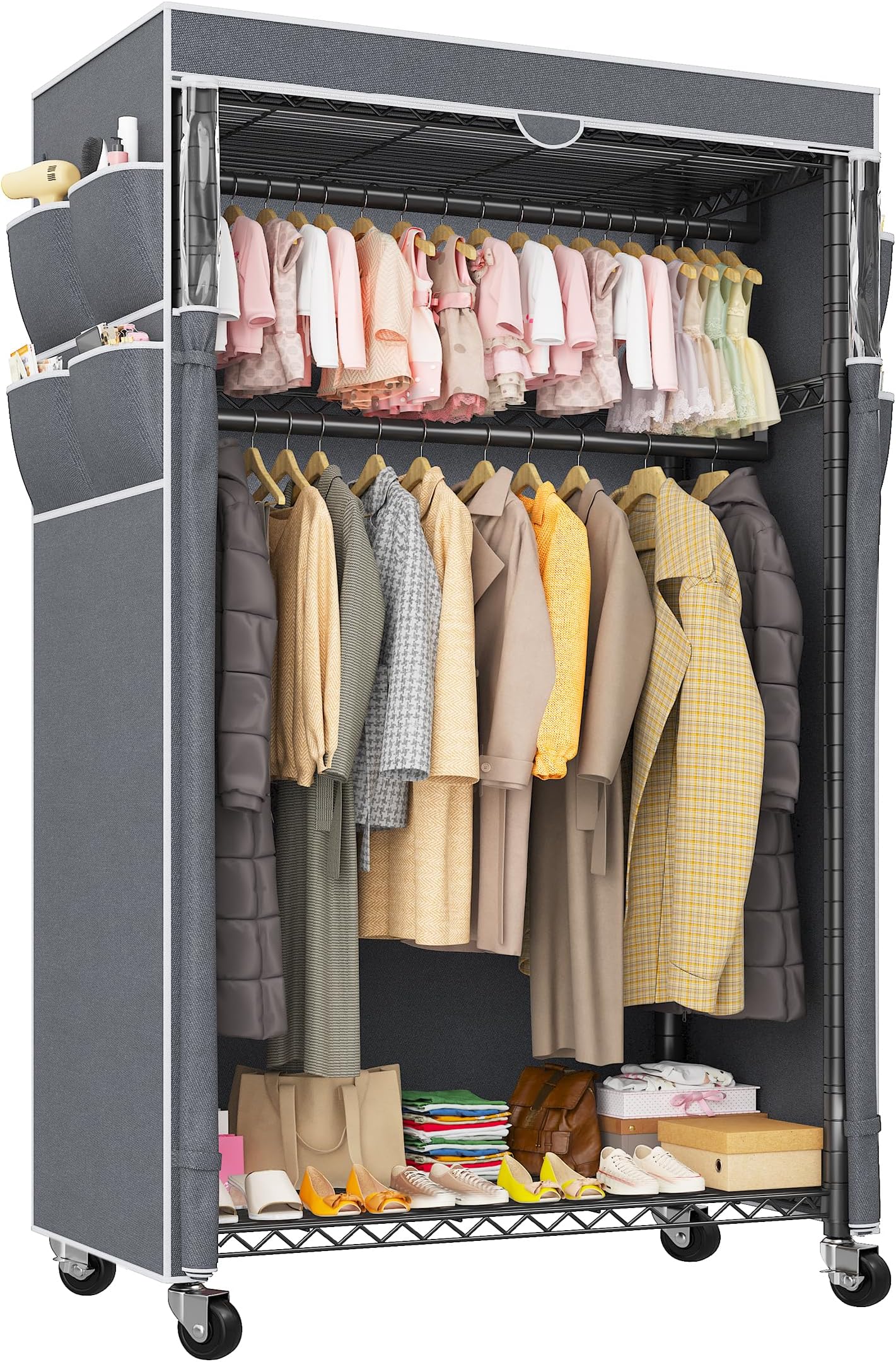 Raybee Rolling Clothes Rack with Cover Clothing Racks for Hanging Clothes Heavy Duty Portable Closet with Wheels Garment Rack 35.5" W*15.7" D*79 "H Black