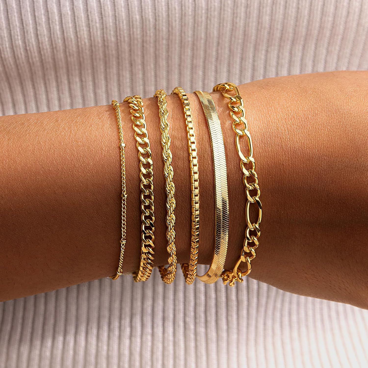 Gold Stack Bracelets for Women Non Tarnish, 14K Gold Plated Chain Bracelets Set for Women, Dainty Trendy Thin Waterproof Cuban Link Box Bracelet Pack for Jewelry Gifts - Image 2