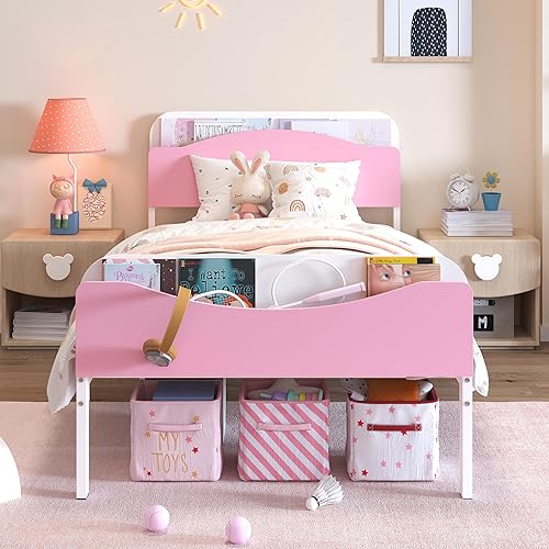 Miniatura 13 de Timy Marco de cama individual para niños con cabecera y estribo de madera, marco de cama de plataforma de metal para niños, niñas, adolescentes y