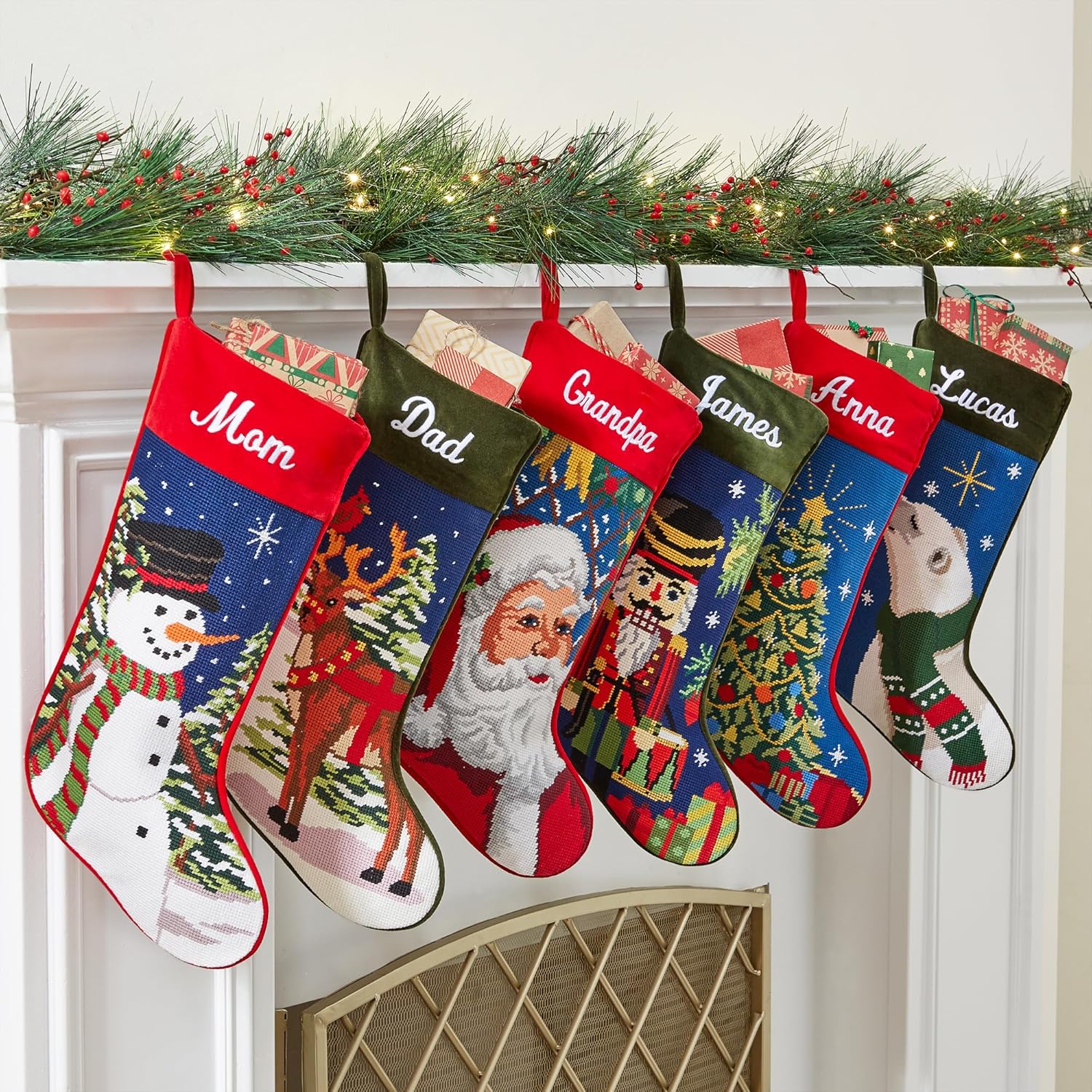 Let's Make Memories Personalized Needlepoint Christmas Stocking - Embroidered Family Stockings - Old-Fashioned Christmas Décor - Mantel Décor - 8"x17" - Customized Embroidered Name - Teddy Bear