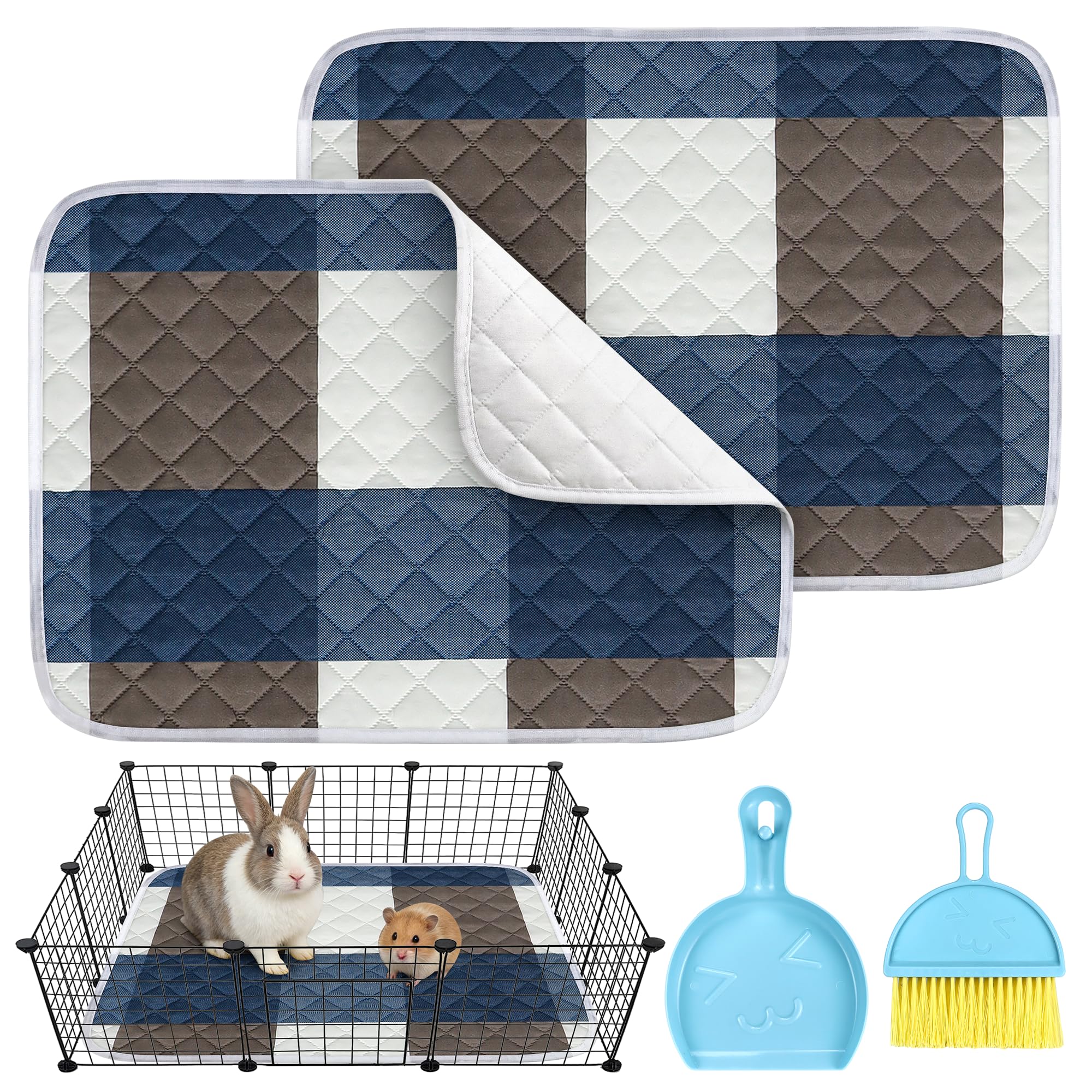 2 Pack Large Guinea Pig Cage Liner with Cleaning Tool Set, Hamster Pee Pad Bedding Washable &Air Dried Pee Pad, Absorbent Rabbit Cage Liner for Small Animals Chinchillas Rabbits Bunny 17.7''x 23.6''