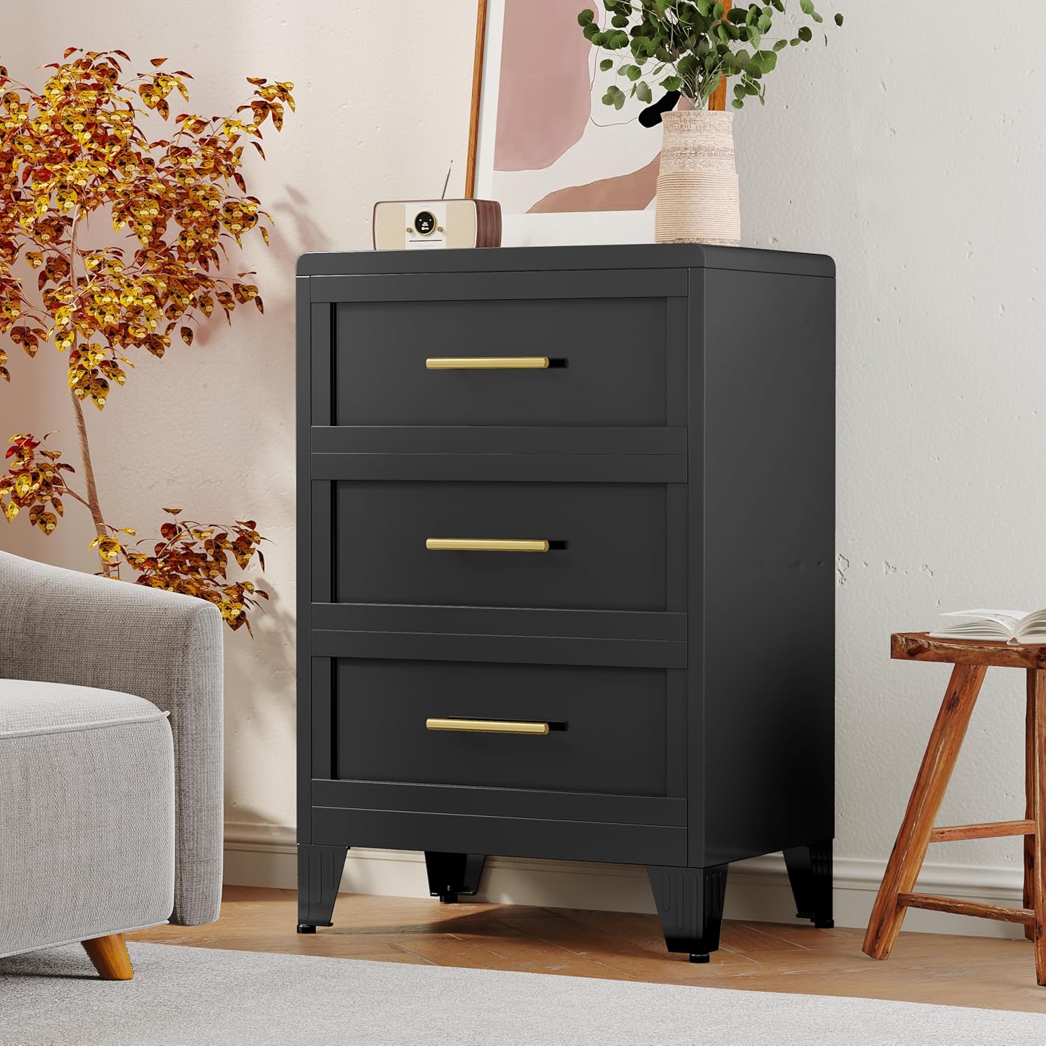 winiowa 3 Drawers Dresser for Bedroom, Metal Dresser & Chest of Drawers, Tall Storage Cabinet Drawers Organizer with Large Storage Space, Steel Chest of Drawers for Living Room, Hallway-Black
