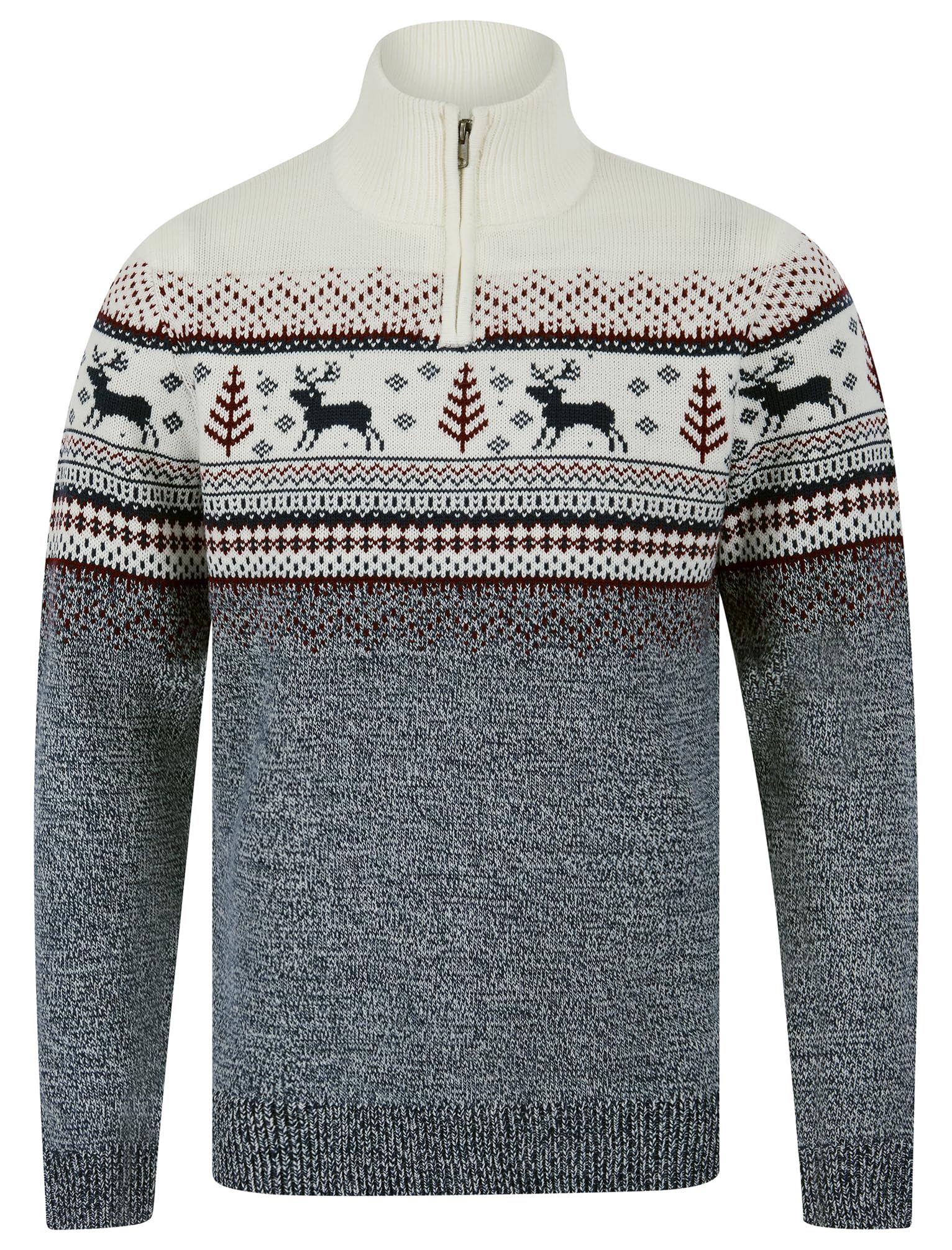 Tokyo Laundry Men's Wayne - Laundered Ecru Merry Christmas Nordic Fair Isle Jacquard Knit Jumper With Quarter Zip Funnel Neck