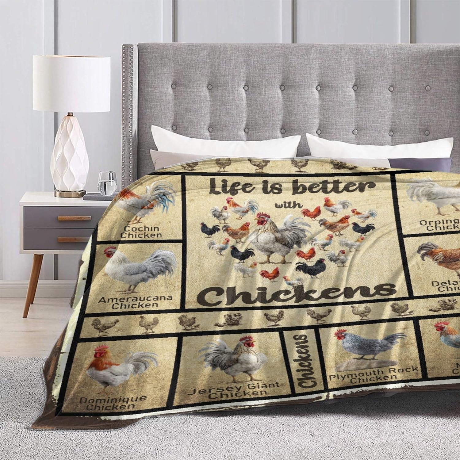 Vintage Chicken Blanket,Chicken Gifts for Chicken Lovers,Breeds of Chickens Print Throw,Soft Lightweight Flannel Quilt for Sofa Bedroom,50 x 40in for Children