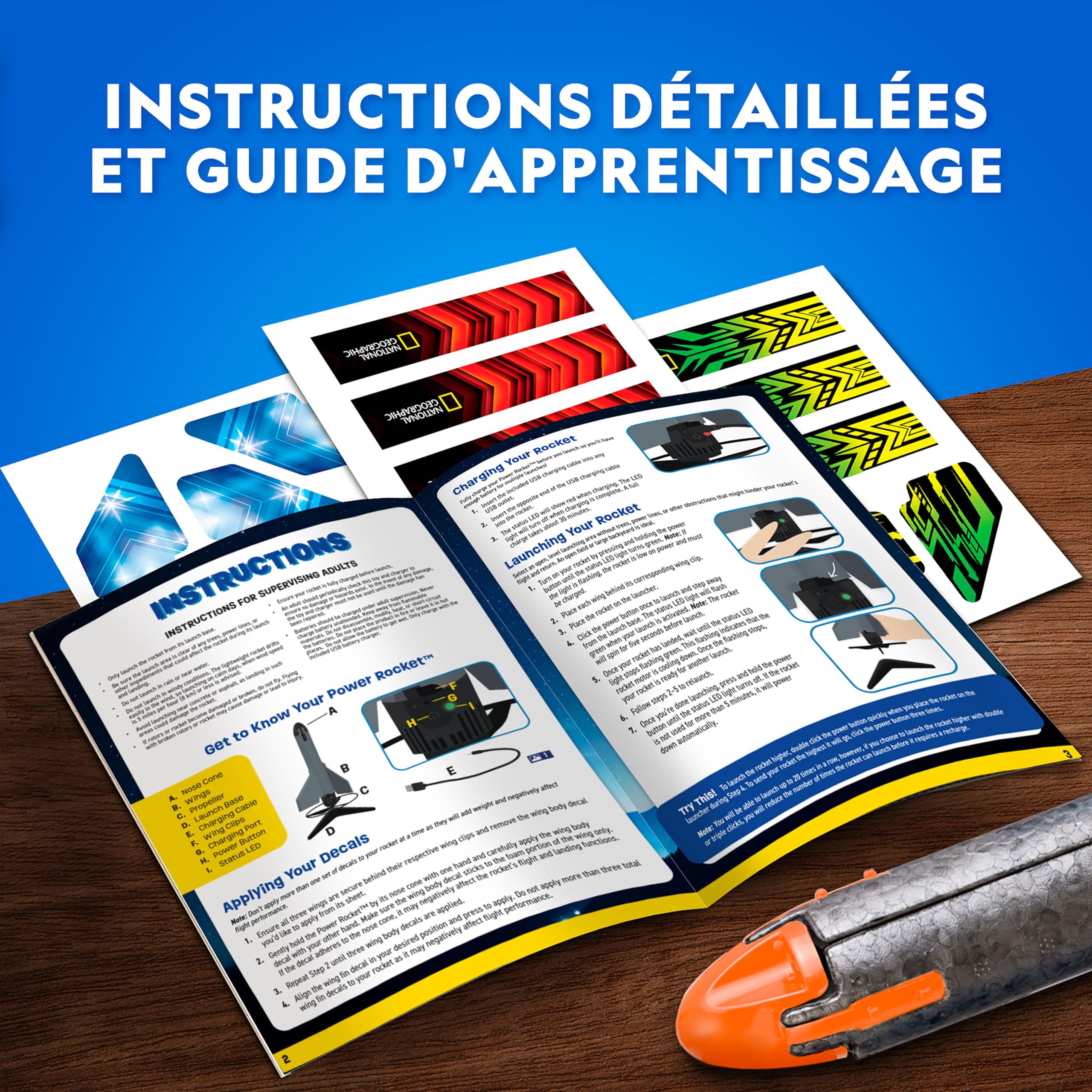 National Geographic fusée Power Rocket pour Enfants – Fusée motorisée Rechargeable avec Rampe de Lancement, atteint 60 mètres de Hauteur, Jouet d’extérieur à atterrissage sécurisé