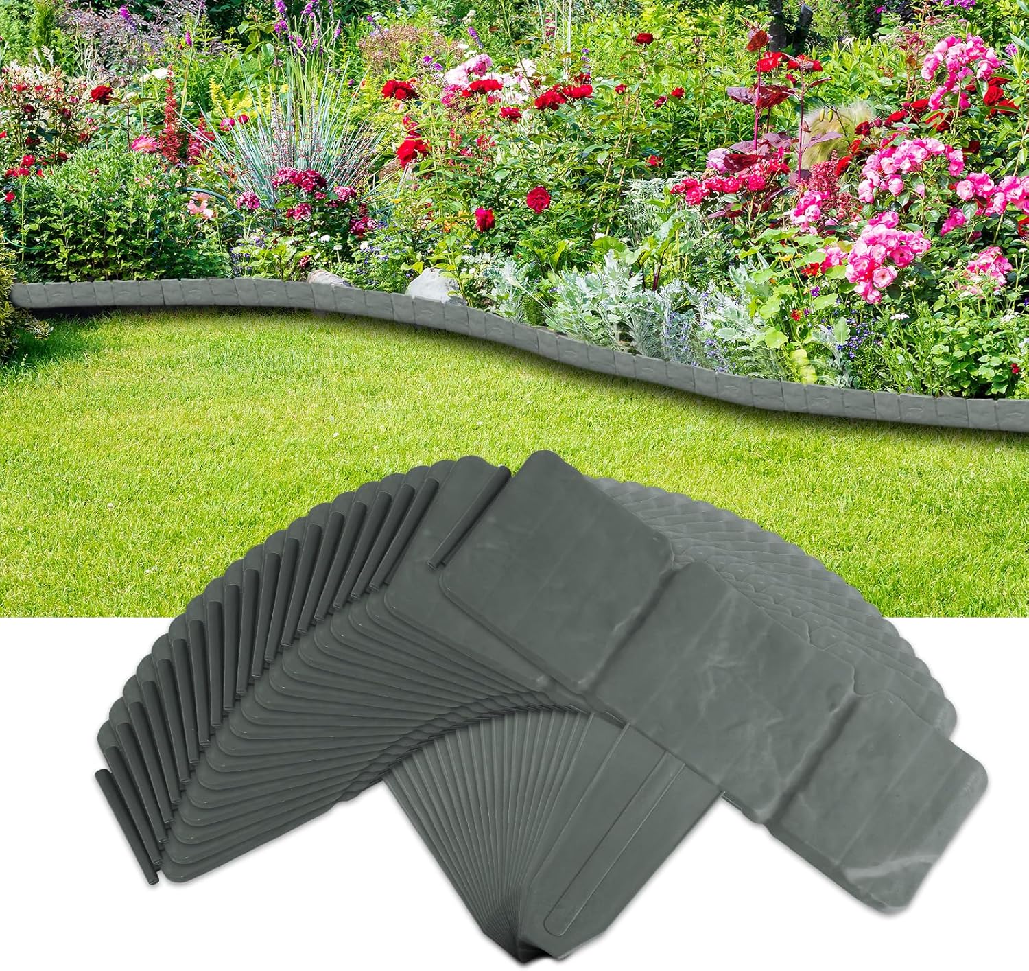 20Pcs Garden Edging Border, 9.8"x 9" Stone Effect Lawn Edging, Landscape Edging Lawn Garden Fence Decorative Landscape Border 16.4Ft Length Landscaping for Lawn Flower Bed Yard, Grey