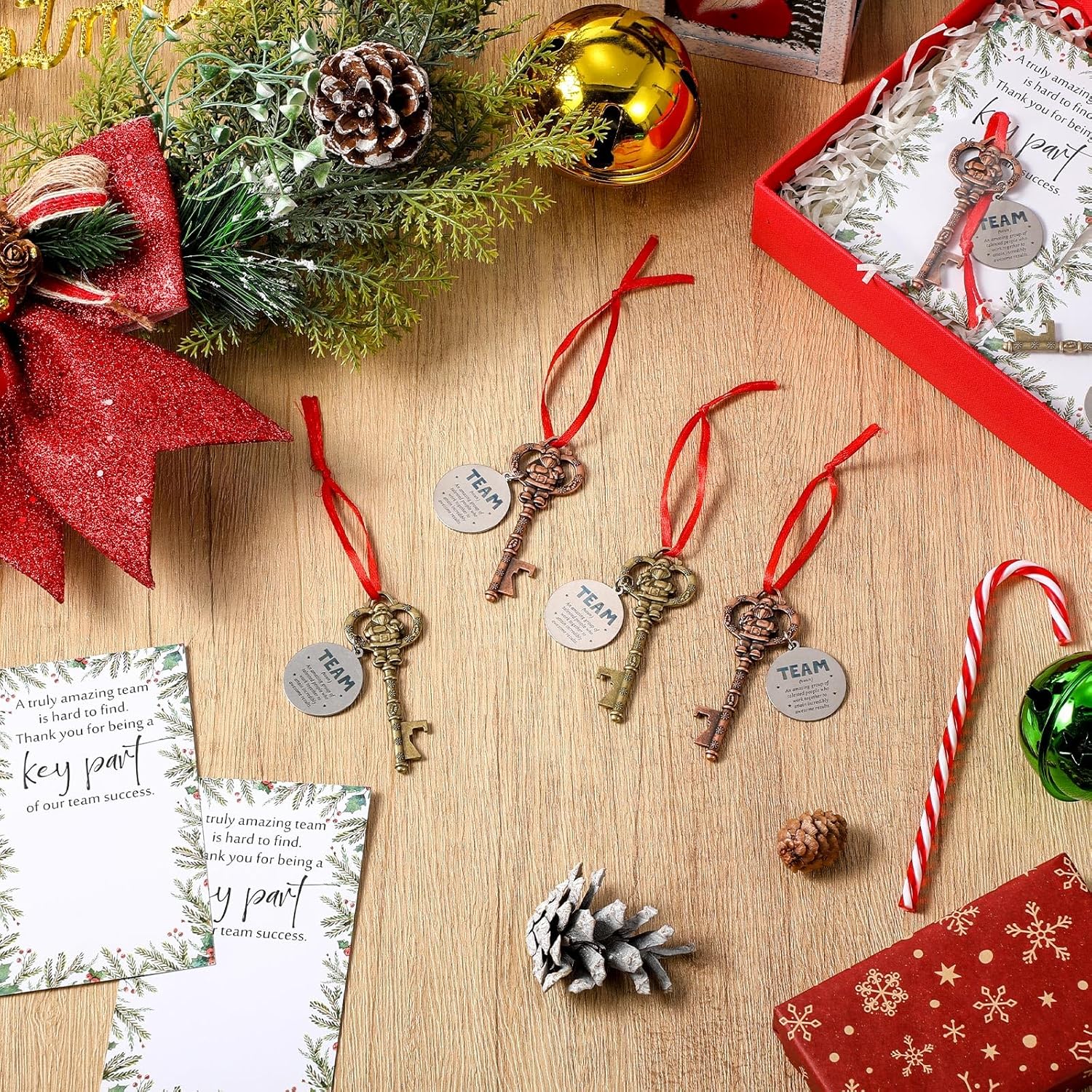 Ziliny 24 Sets Christmas Tree Key Ornament Gifts for Coworkers Team Santa Key Ornament Bottle Opener with Thank You Cards Team Appreciation Gifts for Employee Staff Teacher Coworker
