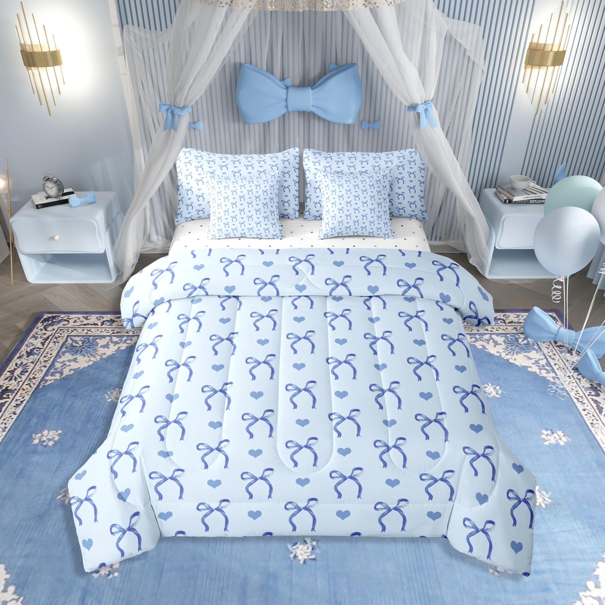 Blue Love Hearts Bowknot Full Comforter Set 7 Pieces | Ribbon Girly Kids Bed in A Bag for Bedroom Cute Dreamy Bow Kawaii Bedding Set with Comforters Adults Women Teens Room Decor
