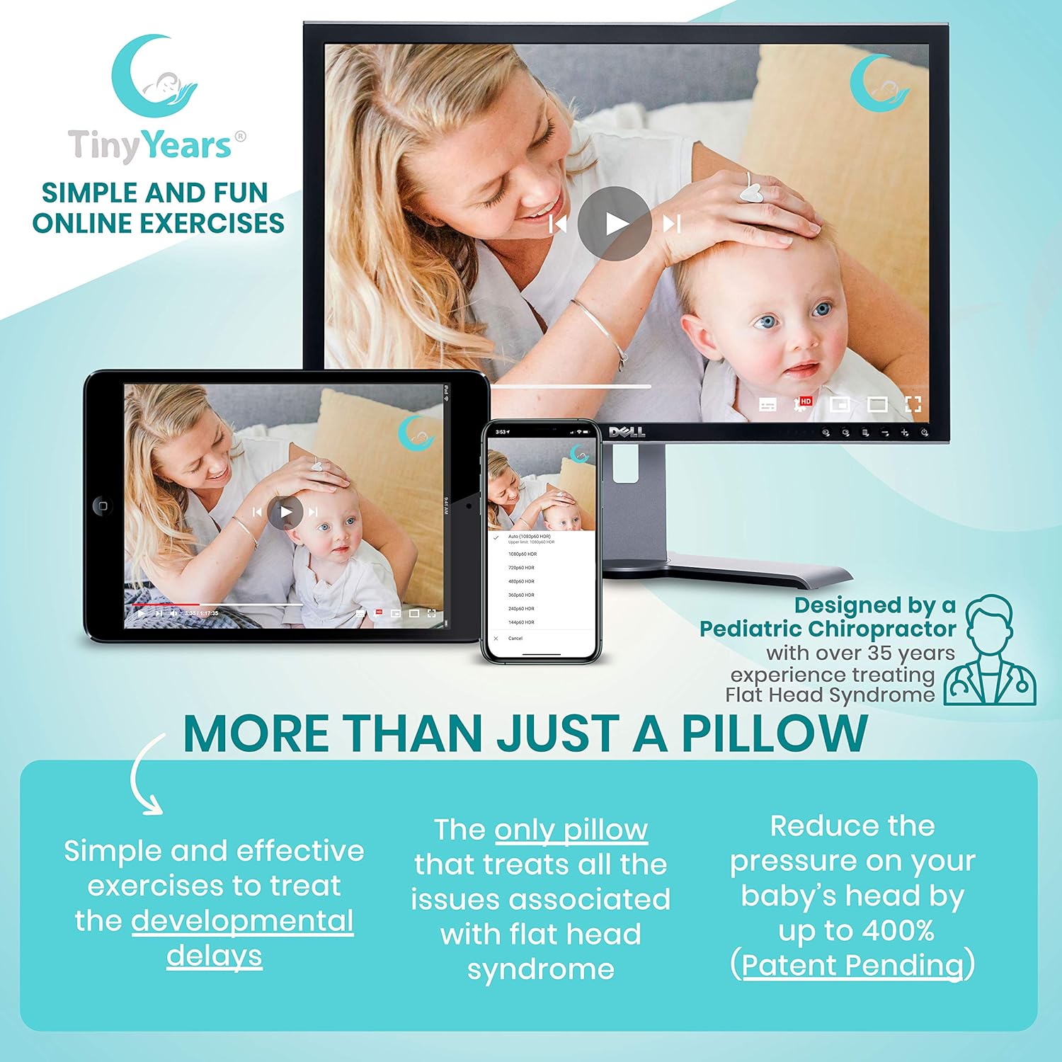 TinyYears Baby Head Shaping Pillow for Infants. 100% Breathable its The Perfect Newborn Head Shaping Baby Pillow - A Baby Flat Head Pillow + Exercises for Prevention and Treatment of Plagiocephaly : Baby