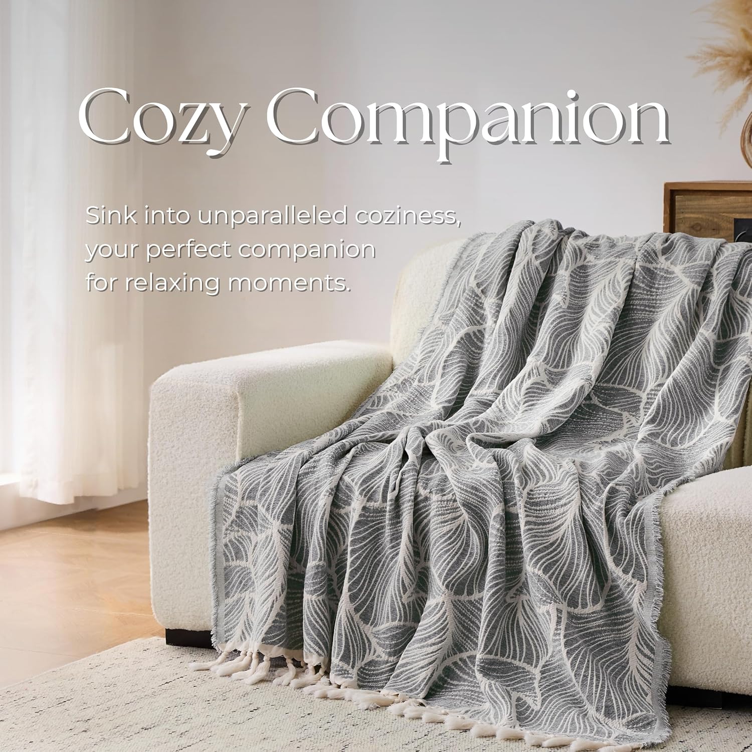 DOWN HOME Chenille Cotton Throw Blanket for Couch, Lightweight Boho Blanket for Bed Sofa Chair Living Room Outdoor Soft Woven Decorative Blanket with Tassel Gift Grey Leaves 60"x80" - Image 3